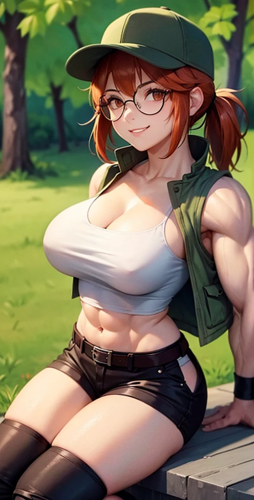 masterpiece, best quality, outdoors, grass, 
fiodef, 1girl, solo, looking at viewer, wariza, arm support, orange hair, hat, baseball cap, crop top, shorts, midriff, vest, navel, belt, short shorts, tank top, cleavage, brown shorts, abs, muscular, smug, muscular arms, muscular, very muscular, very muscular arms, large muscles, super muscular, huge breasts, giant breasts, gigantic breasts, slim waist, muscular midriff, smug, smirk, evil grin, goth, fishnets, dark clothes, black clothes, black lipstick