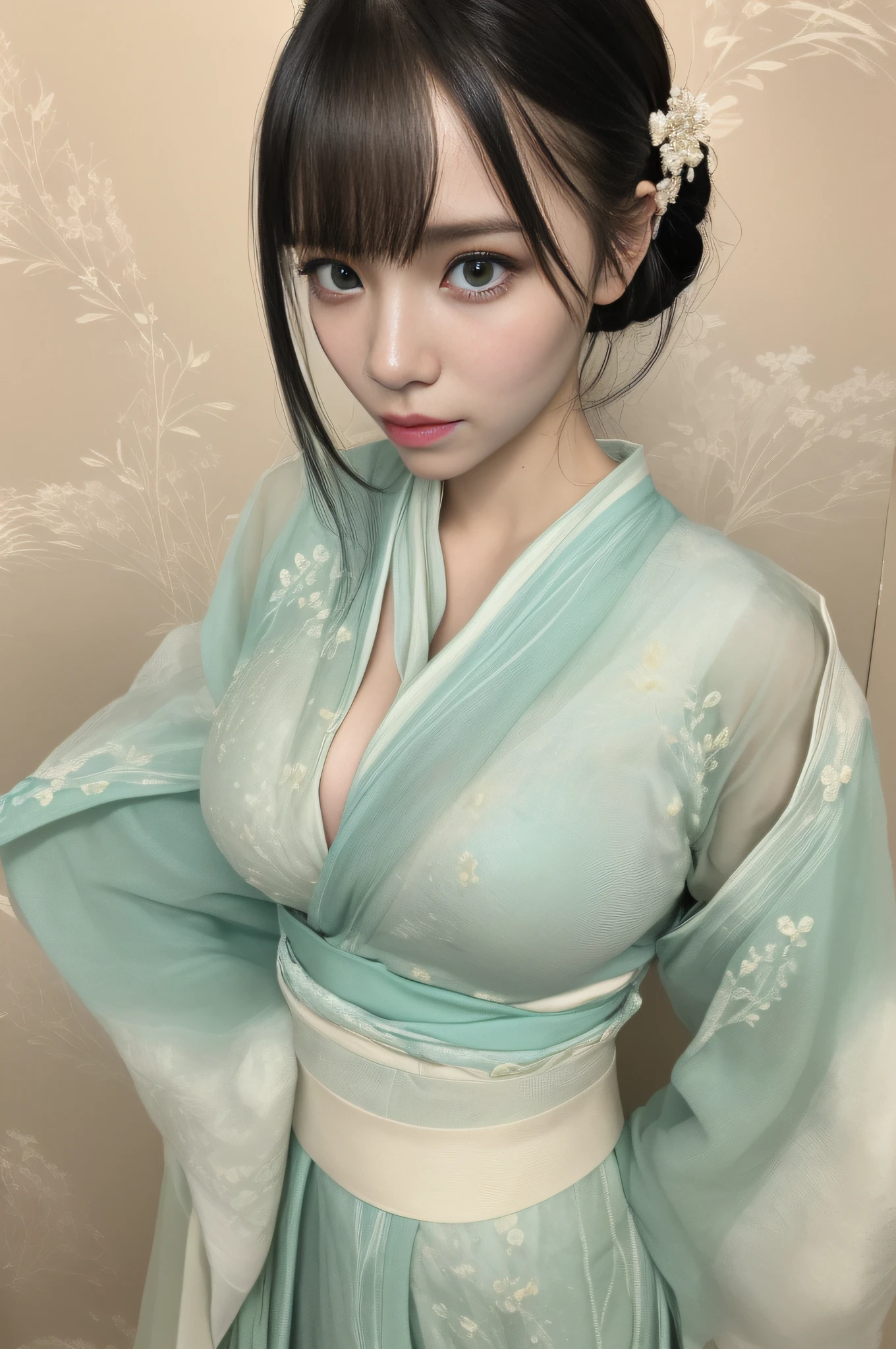 Highest quality, 8ก, very detailed, Virtual image, 1 girl, All in all, Chinese style kimono, green jacket, purple long skirt, blue eyes, a green hair,bare chest, tits, small breasts, legs raised,Spread your legs, sleep, Seduce