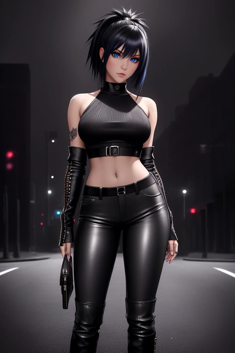 beautiful girl, ((standing:1.4)), (confident gaze:1.1), full body, short bright neon streaked black hair, ((realistic highly detailed eyes:1.4)), ((seductive pose:1.2)), black eyeshadow, (street style wear:1.2), ((tight fitted pants)), ((knee high leather boots)), (dark city night black background:1.4), dark makeup, digital art, trending on artstation, highly detailed, fine detail, intricate, detailed facial features, sharp focus, smooth, aesthetic,