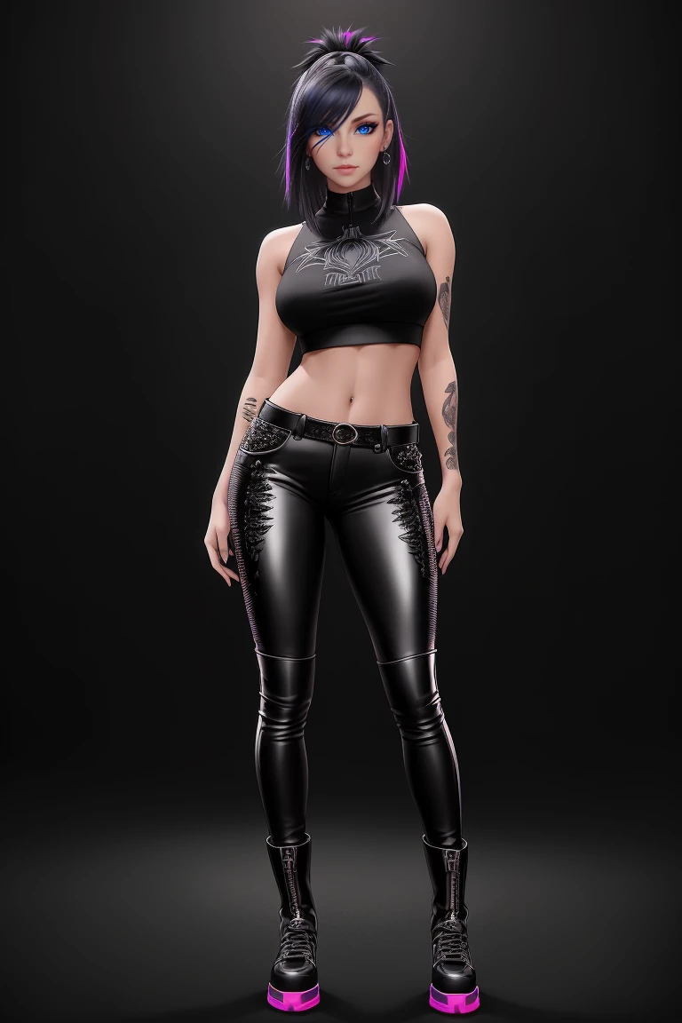 beautiful girl, ((standing:1.4)), (confident gaze:1.1), full body, short bright neon streaked black hair, ((realistic highly detailed eyes:1.4)), ((seductive pose:1.2)), black eyeshadow, (street style wear:1.2), ((tight fitted pants)), ((knee high leather boots)), (dark city night black background:1.4), dark makeup, digital art, trending on artstation, highly detailed, fine detail, intricate, detailed facial features, sharp focus, smooth, aesthetic,