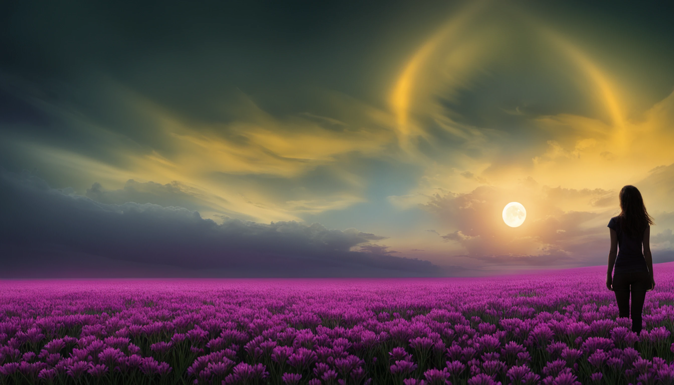 Vast landscape photo, (viewed from below, the sky is above and the open field is below), a girl standing on a flower field looking up, (full moon: 1.2), (meteor: 0.9), (nebula: 1.3), distant mountains , Trees BREAK Crafting Art, (Warm Light: 1.2), (Fireflies: 1.2), Lights, Lots of Purple and Orange, Intricate Details, Volumetric Lighting, Realism BREAK (Masterpiece: 1.2), (Best Quality), 4k, Ultra-Detailed, (Dynamic Composition: 1.4), Very Detailed, Colorful Details, (Rainbow Colors: 1.2), (Glow Lighting, Atmospheric Lighting), Dreamy, Magical, (Solo: 1.2)