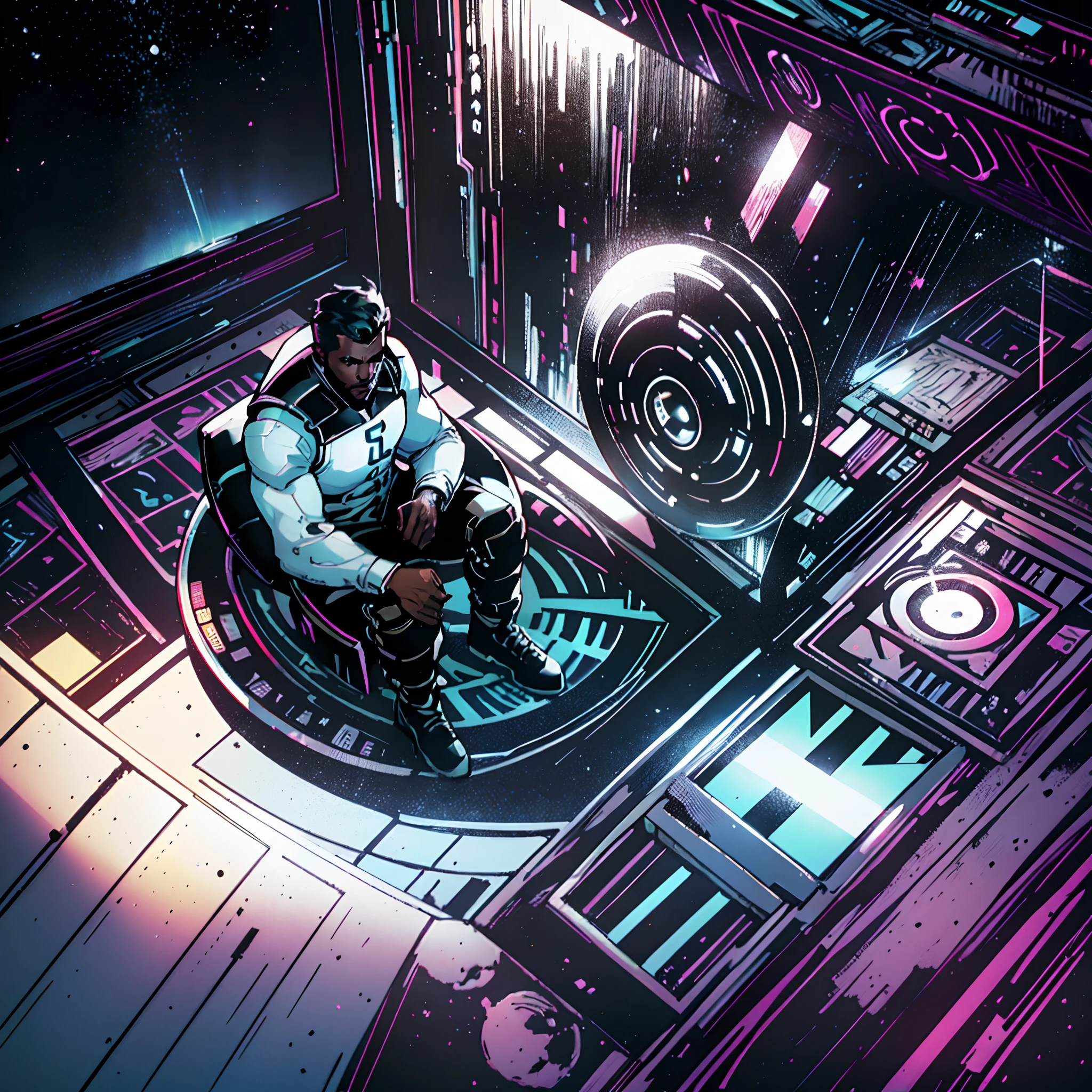 Aerial view shot of neon lit framed art portraits falling from above in a scene and surrounding a black man sitting on a reflective surface reflecting the oblects in the scene, in a spotlight of white light shining on him from above, whole scene dark, black background except for the black man seated in the light circle, abstract art, spotlight shining a white light on the black man providing a black and white cinematic colour grading in the scene, surrealism, artgerm style, 32k, ultra HD, unreal engine rendered, hyper-realistic image, --auto --s2