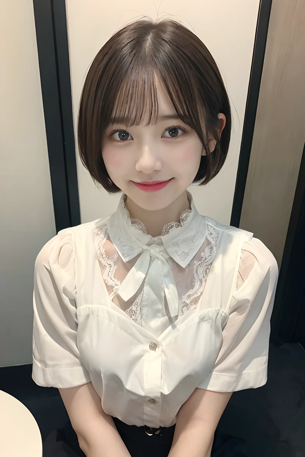 (64k uhd、nffsw、top-quality、masterpiece:1.2)、(realisitic、Photorealsitic:1.37)、ultra-detailliert、女の子 1 人、cute little、独奏、Beautiful detailed sky、Detailed Cafe、natta、sitting on、date、(Nasal blush) )、(A smile:1.15)、(a closed mouth)small tits、Beautiful fine eyes、(shirt with collar:1.1)、natta、Wet、Transaction service、A smile、White lace、(short-hair:1.2)、Float NovaFrogStyle