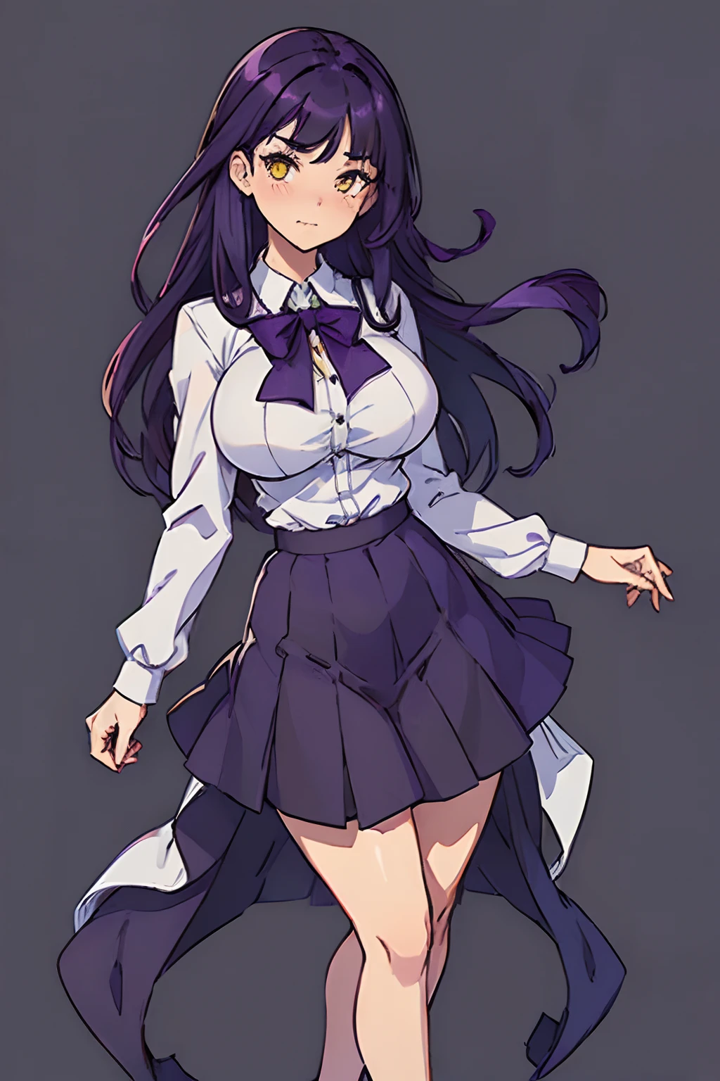 (((((NO BACKGROUND))))),best quality, masterpiece, illustration:1.1), [[[1woman]]], ((Dark Purple hair)), yellow eyes, Beautiful, perfect body, perfect proportions, full body, full body pose, no background. idle pose. ((Blushing face)). white shirt, black skirt,((Huge boobies))