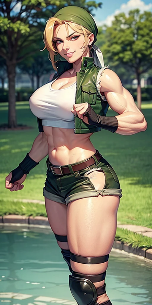 masterpiece, best quality, outdoors, on grass, grass,
cosmieyes, reflection, brown eyes, colored eyelashes, eyelashes,
eridef, 1girl, solo, looking at viewer, blonde hair, vest, bandana, breasts, shorts, navel, midriff, crop top, belt, short shorts, hat, knee pads, large breasts, abs, muscular, smug, muscular arms, muscular, very muscular, very muscular arms, large muscles, super muscular, huge breasts, giant breasts, gigantic breasts, slim waist, muscular midriff, smug, smirk, evil grin, goth, fishnets, dark clothes, black clothes, black lipstick