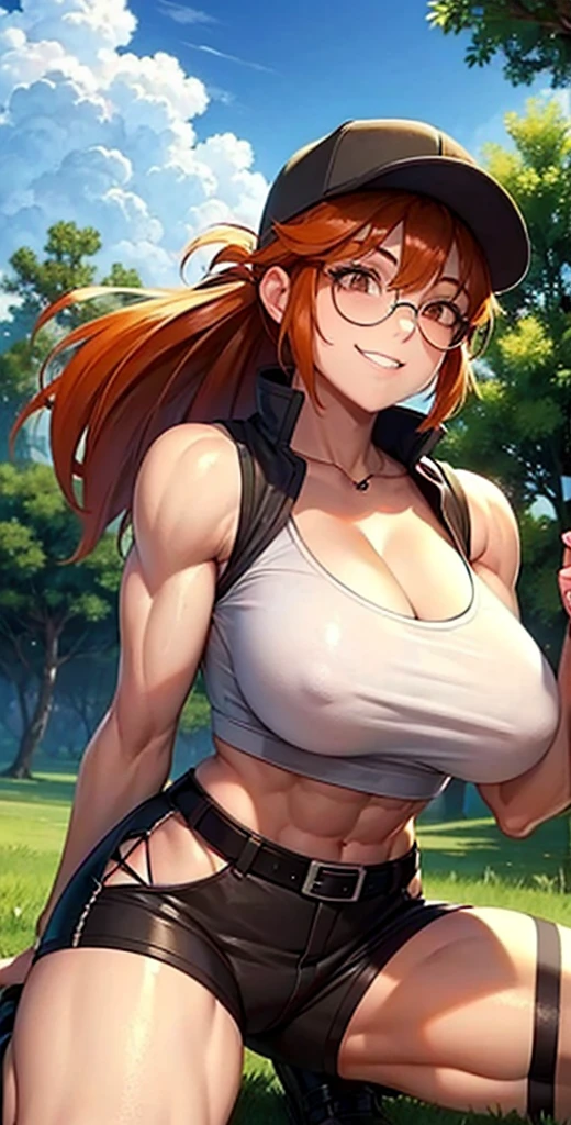 masterpiece, best quality, outdoors, grass,
fiodef, 1girl, solo, looking at viewer, wariza, arm support, orange hair, hat, baseball cap, crop top, shorts, midriff, vest, navel, belt, short shorts, tank top, cleavage, brown shorts, abs, muscular, smug, muscular arms, muscular, very muscular, very muscular arms, large muscles, super muscular, huge breasts, giant breasts, gigantic breasts, slim waist, muscular midriff, smug, smirk, evil grin, goth, fishnets, dark clothes, black clothes, black lipstick