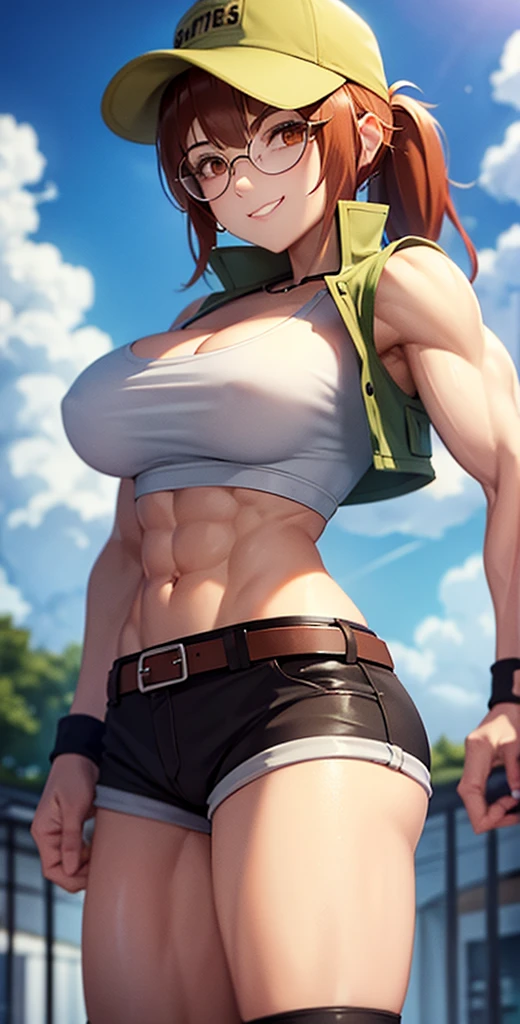 masterpiece, best quality, outdoors, grass,
fiodef, 1girl, solo, looking at viewer, wariza, arm support, orange hair, hat, baseball cap, crop top, shorts, midriff, vest, navel, belt, short shorts, tank top, cleavage, brown shorts, abs, muscular, smug, muscular arms, muscular, very muscular, very muscular arms, large muscles, super muscular, huge breasts, giant breasts, gigantic breasts, slim waist, muscular midriff, smug, smirk, evil grin, goth, fishnets, dark clothes, black clothes, black lipstick