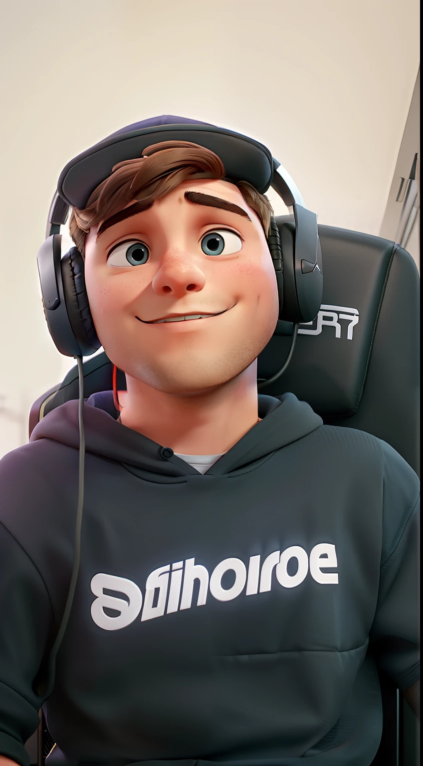 A young man sitting in a gaming chair with a headset and a hat turned backwards on his head.