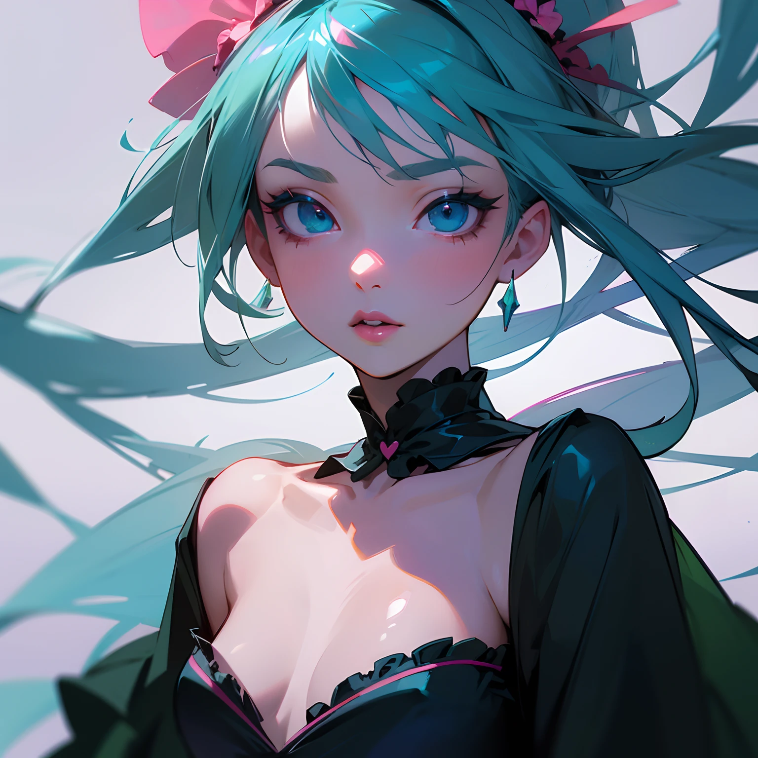 finest image, (8k, RAW photo, realistic), amorous expression, lewd expression, pink eyeshadow, cute girl, blue shining big eyes, dark green hime cut, flat chest, slender, red big thick lips, flamenco costume, portrait