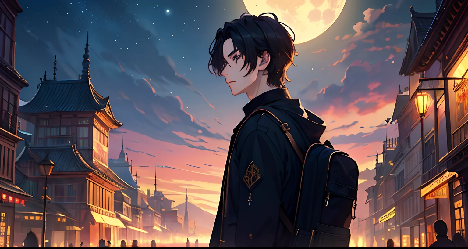 (masterpiece:1.5), (ultra-detailliert), (extremely details CG, ultra-detailliert, Best Shadows:1.1), 1 juvenile, 独奏, Fantasia, nigh sky, plein air, magia, a moon, stele, clouds, the wind, shorth hair, Focus on the subject, extremely detailed eye, facial shadows, mystical, ultra-detailliert, textured, detaileds, 真实感, depths, Near and far law, Special effect, constitute, scale, foreground, 中景 the scene is, Background with, Near and far law, optic, Farbe, textured, detaileds, a beauty, wondrous, mature man, fantasy city
