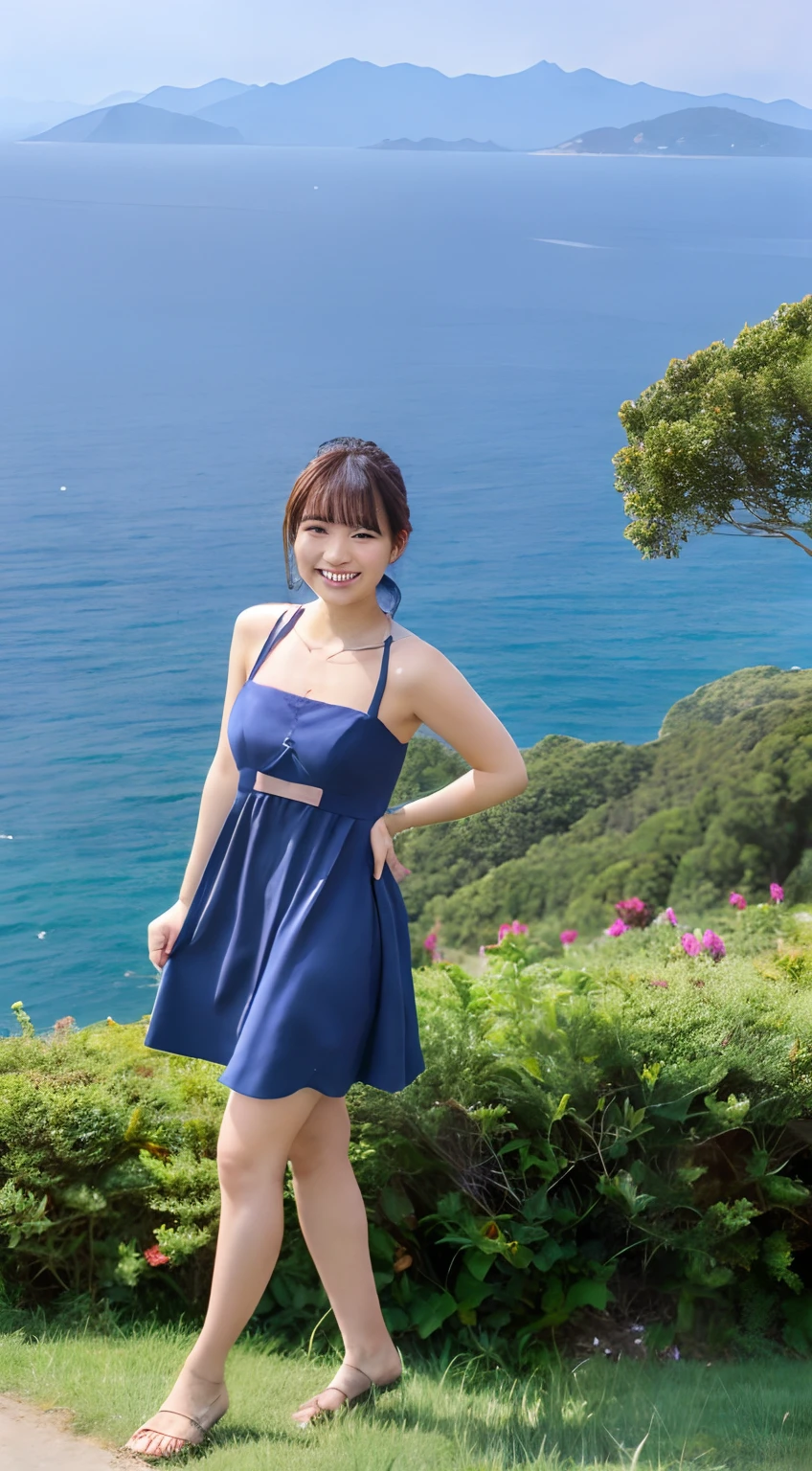 masutepiece, Best Quality, hight resolution, 1 Beautiful woman in a dark blue dress,fullbody image,Smile (In the mountains with a view of the sea),fullbody image,Very good image,