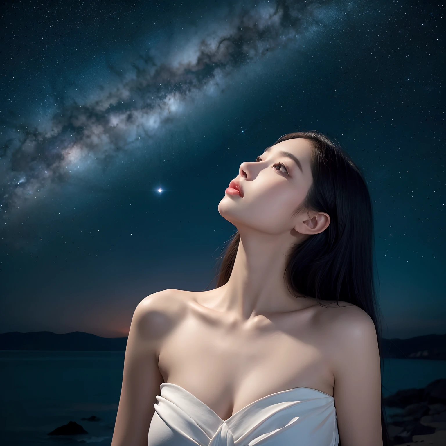 top-quality、8k picture、Little dark-haired woman sitting、Pose in mirror-like water with bioluminescence, Facing the sky, showing her breast, Sparkling hair, Wearing a Heavenly Drape, See beautiful surreal planets in the vast universe, Luminous, Stars, comets, and the Milky Way, With a dreamy and vivid color scheme,