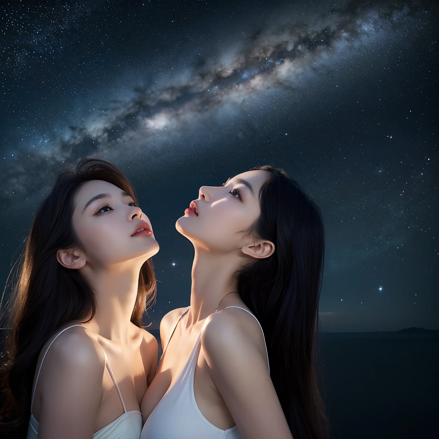 Beautiful beauties looking up at the starry sky,A beautiful woman with a delicate face,the night,outerspace,the sea,The vast universe,A tall beauty,Bigchest