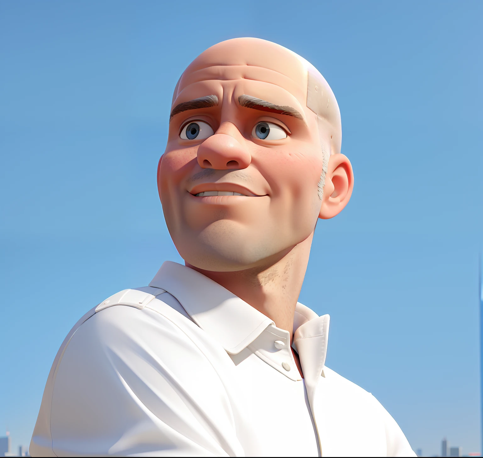 A bald man, fit body with a futuristic city in the background
