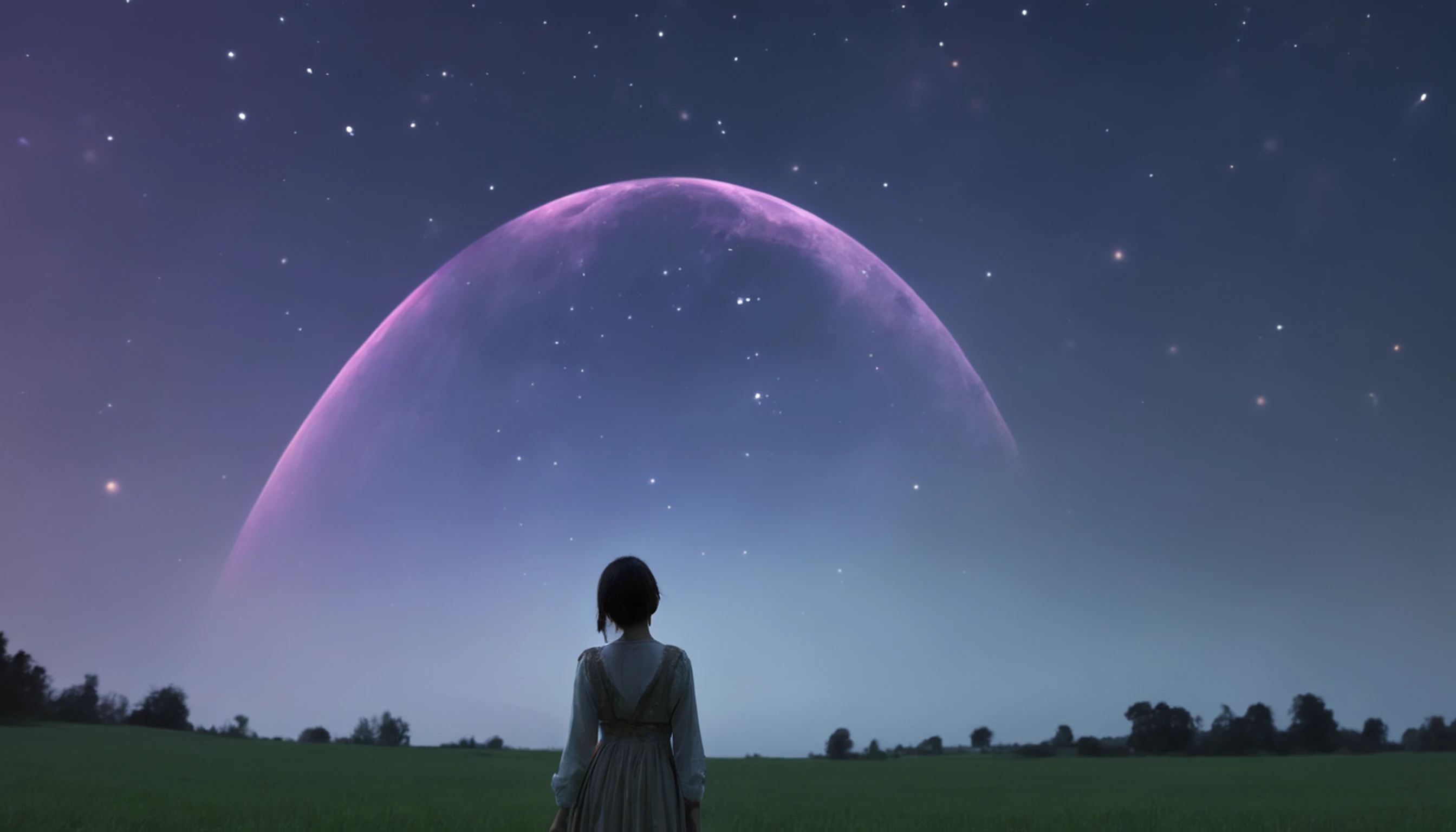 Vast landscape photo, (viewed from below, the sky is above and the open field is below), a girl standing on a flower field looking up, (full moon: 1.2), (meteor: 0.9), (nebula: 1.3), distant mountains , Trees BREAK Crafting Art, (Warm Light: 1.2), (Fireflies: 1.2), Lights, Lots of Purple and Orange, Intricate Details, Volumetric Lighting, Realism BREAK (Masterpiece: 1.2), (Best Quality), 4k, Ultra-Detailed, (Dynamic Composition: 1.4), Very Detailed, Colorful Details, (Rainbow Colors: 1.2), (Glow Lighting, Atmospheric Lighting), Dreamy, Magical, (Solo: 1.2)