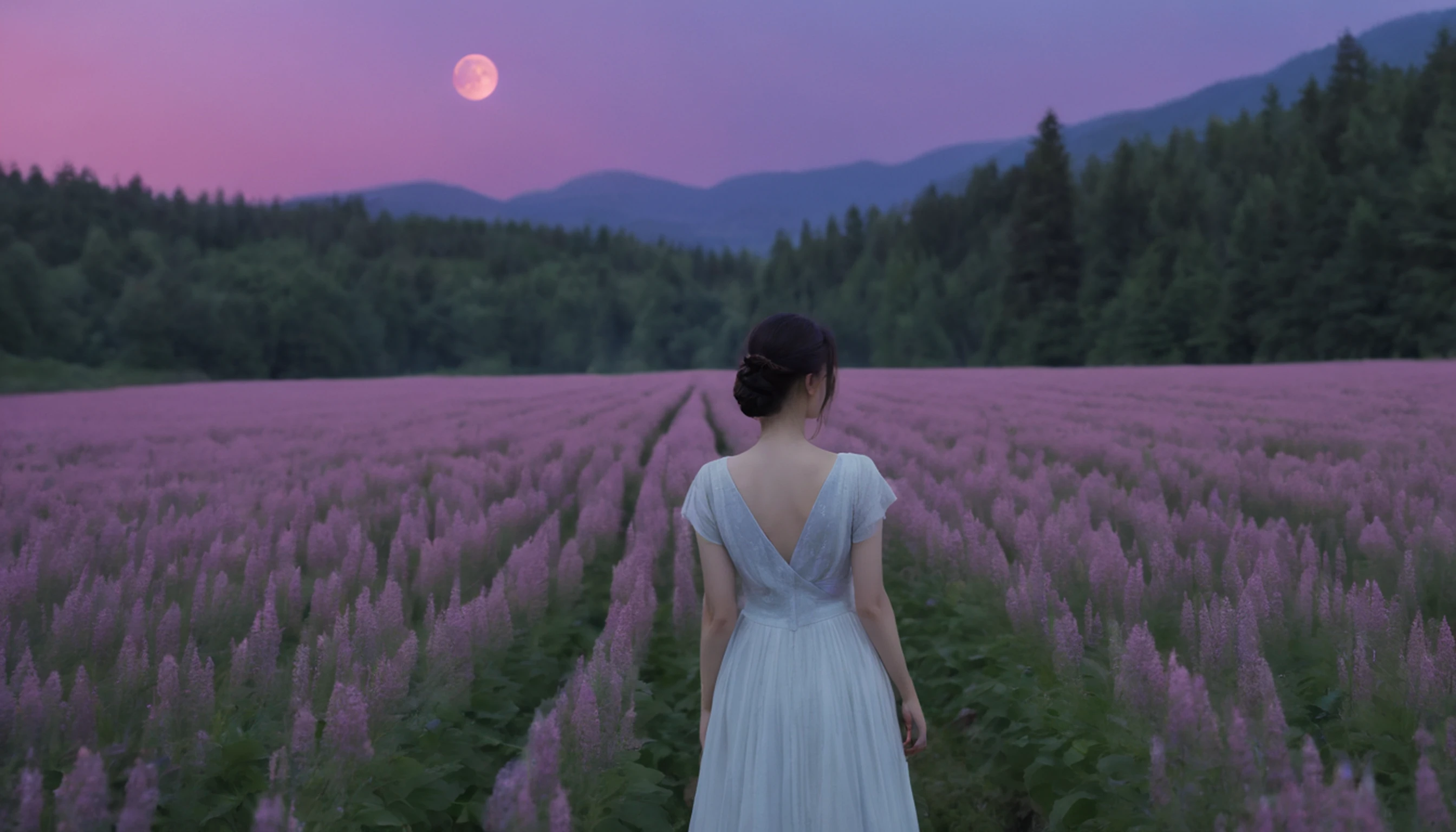 Vast landscape photo, (viewed from below, the sky is above and the open field is below), a girl standing on a flower field looking up, (full moon: 1.2), (meteor: 0.9), (nebula: 1.3), distant mountains , Trees BREAK Crafting Art, (Warm Light: 1.2), (Fireflies: 1.2), Lights, Lots of Purple and Orange, Intricate Details, Volumetric Lighting, Realism BREAK (Masterpiece: 1.2), (Best Quality), 4k, Ultra-Detailed, (Dynamic Composition: 1.4), Very Detailed, Colorful Details, (Rainbow Colors: 1.2), (Glow Lighting, Atmospheric Lighting), Dreamy, Magical, (Solo: 1.2)