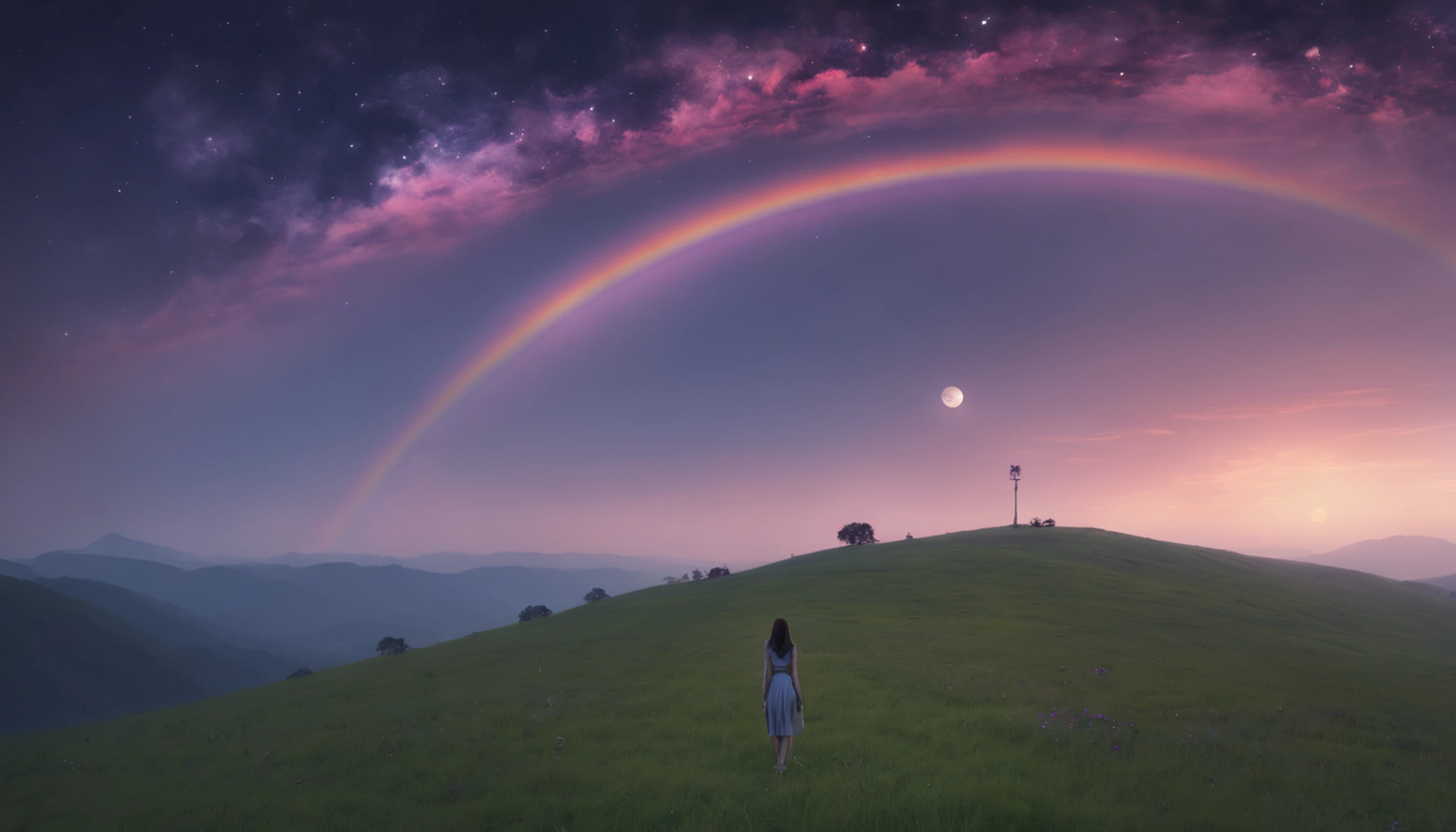 Vast landscape photo, (viewed from below, the sky is above and the open field is below), a girl standing on a flower field looking up, (full moon: 1.2), (meteor: 0.9), (nebula: 1.3), distant mountains , Trees BREAK Crafting Art, (Warm Light: 1.2), (Fireflies: 1.2), Lights, Lots of Purple and Orange, Intricate Details, Volumetric Lighting, Realism BREAK (Masterpiece: 1.2), (Best Quality), 4k, Ultra-Detailed, (Dynamic Composition: 1.4), Very Detailed, Colorful Details, (Rainbow Colors: 1.2), (Glow Lighting, Atmospheric Lighting), Dreamy, Magical, (Solo: 1.2)