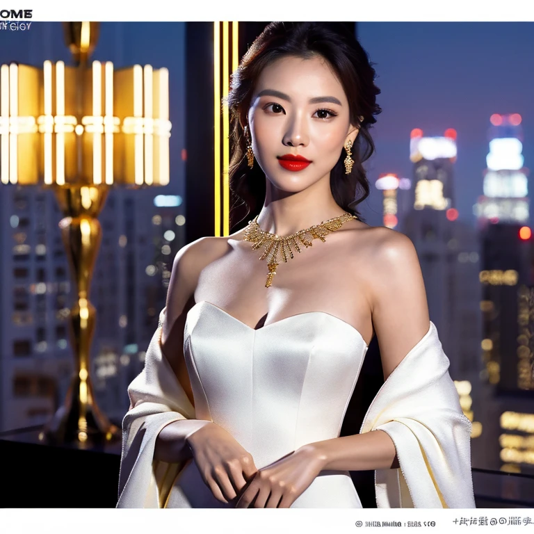 filmposter，hyper HD，（A bust of a Chinese female model in a gorgeous white evening gown appears at a banquet on the roof of a high-rise building in Los Angeles:1.3），Very detailed ，Banquet on the roof of a high-rise building，D cup，((Extremely real faces：1.2))，(Slightly open red lips)，Gold necklace around the neck，canon lens，真实感，3Drenderingof，8K high-definition，Master masterpieces，Soft lighting，