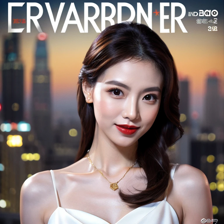 filmposter，hyper HD，（A bust of a Chinese female model in a gorgeous white evening gown appears at a banquet on the roof of a high-rise building in Los Angeles:1.3），Very detailed ，Banquet on the roof of a high-rise building，D cup，((Extremely real faces：1.2))，(Slightly open red lips)，Gold necklace around the neck，canon lens，真实感，3Drenderingof，8K high-definition，Master masterpieces，Soft lighting，