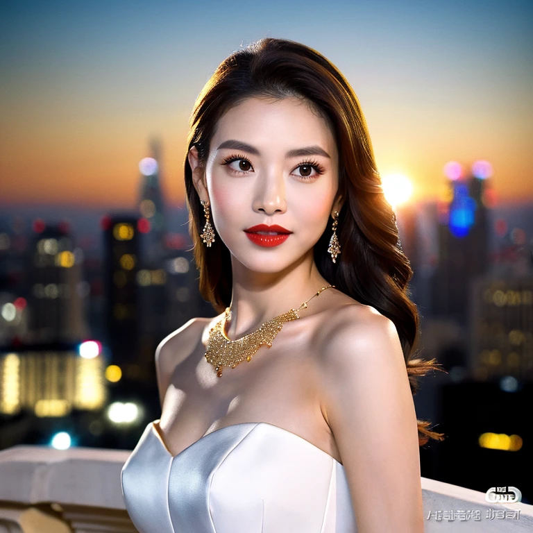 filmposter，hyper HD，（A bust of a Chinese female model in a gorgeous white evening gown appears at a banquet on the roof of a high-rise building in Los Angeles:1.3），Very detailed ，Banquet on the roof of a high-rise building，D cup，((Extremely real faces：1.2))，(Slightly open red lips)，Gold necklace around the neck，canon lens，真实感，3Drenderingof，8K high-definition，Master masterpieces，Soft lighting，