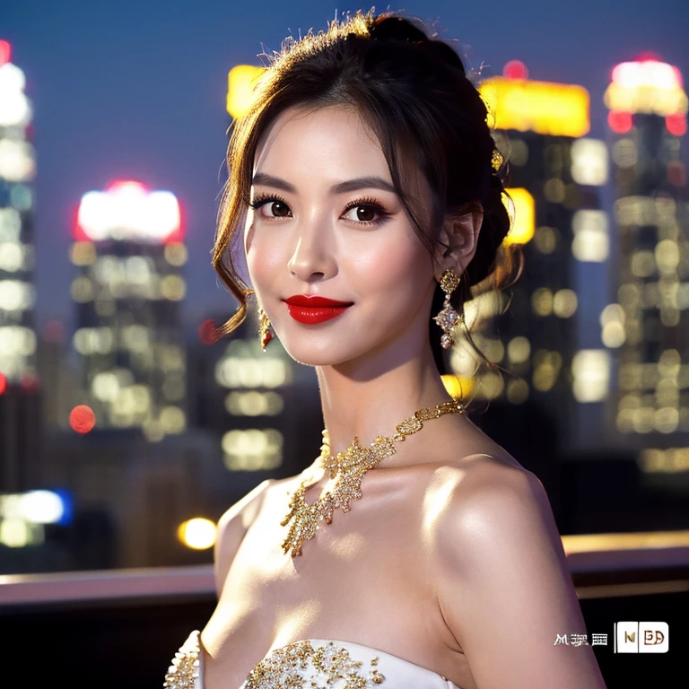 filmposter,hyper HD,(A bust of a Chinese female model in a gorgeous white evening gown appears at a banquet on the roof of a high-rise building in Los Angeles:1.3),Very detailed ,Banquet on the roof of a high-rise building,D cup,((Extremely real faces:1.2)),(Slightly open red lips),Gold necklace around the neck,canon lens,真实感,3Drenderingof,8K high-definition,Master masterpieces,Soft lighting,