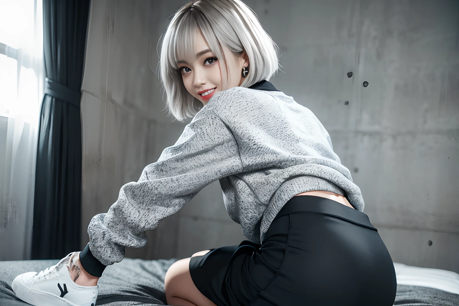 Masterpiece, 8K, award-winning photos, photorealistic, realistic, ultra detailed, ultra high definition, ray tracung,
_
the most beautiful, 22 years old ,(sexy,Japanese idol, gray hair,short hair),shiny skin , detailed skin , beautiful detailed face , beautiful detailed eyes , beautiful teeth,
_
cleavage showing,
_
BREAK (droopy eyes,smile, teeth), Natural makeup, light color medium breasts,
_
glowing blue eyes, tan skin, mole under eye,
_
BREAK (black theme:1.2),(oversize, black long sweat on print sweatshirt:1.2),(Collared White Geometric patterns print),BREAK(black tight so long skirt:1.2),BREAK(black and White Enamel high-cut Sneakers:1.2),silver necklace,earring,
_ BREAK (Inorganic concrete studio with windows), highly detailed background, ultra-realistic textures, dramatic lighting ,raw photo,
_ from behind ,hip focus , (all fours) ,looking back, looking at viewer,
