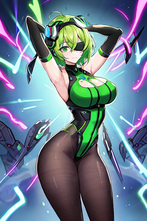 Green hair, bodysuit, short hair, tech, futuristic, science-fiction, neon trim, short hair, pantyhose, swaying hips, hip sway, breasts, large breasts, bouncing breasts, 1girl, arms behind back, hands behind head, arms up, arms behind head, thick thighs, wide hips, anime style, anime screencap, smile, sway, mind control, hypnosis, head-mounted display, vr visors, visors, covered eyes