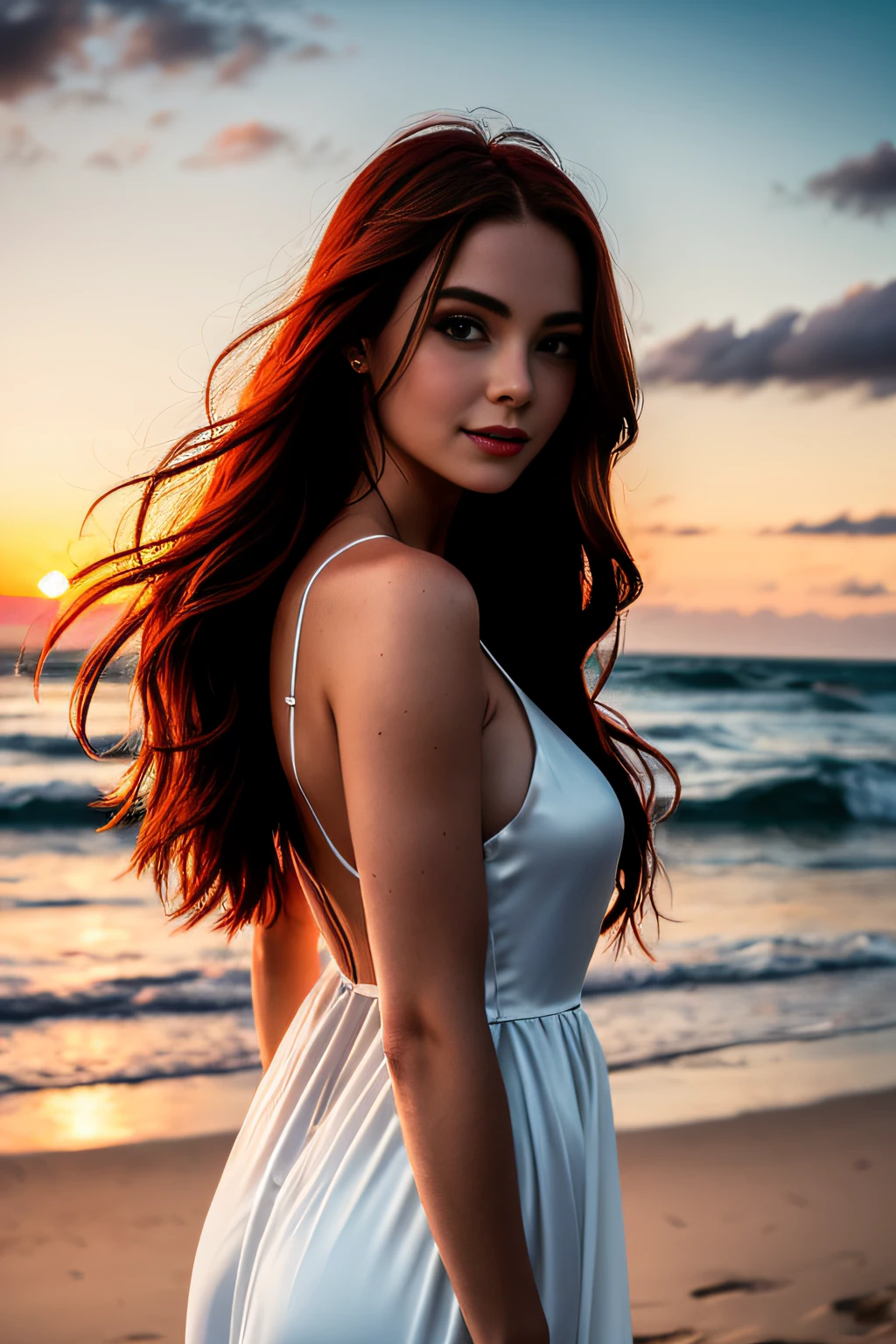 Close up of a stunning 40-year-old red-haired woman, hourglass figure, long flowing red hair, silky white dress, facing viewer, looking at viewer, symmetrical, on a beach, seduction, charm, slight charming smile, sunset, cinematic rendering, 32K, high detail, best quality