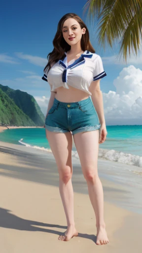 A mother lying down comfortably, a picnic sheet laid on the grass, a light blue striped one-piece with shoulder straps, knees bent, thick thighs,