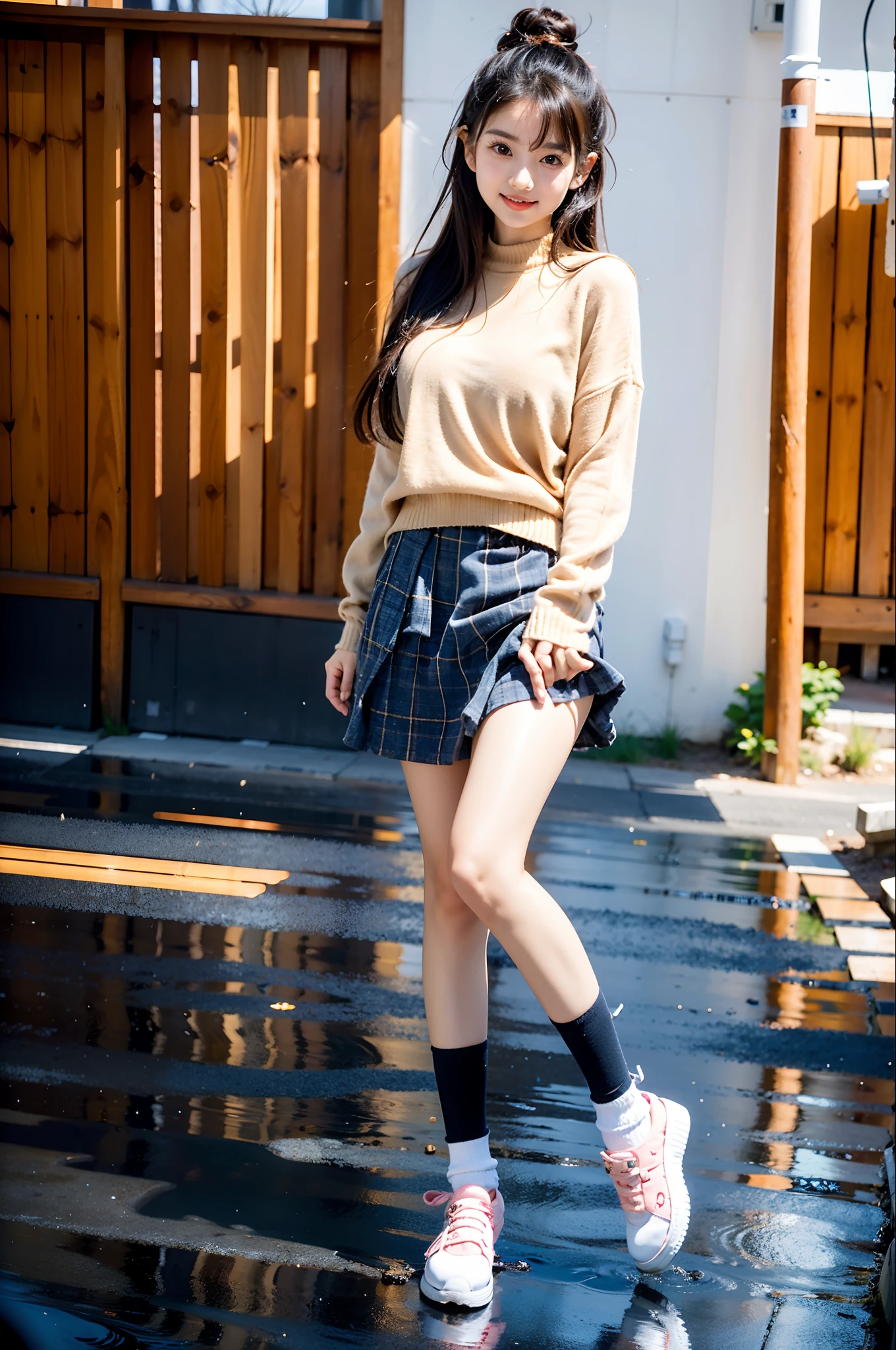 Alafi girl in sweater and plaid skirt crouches, Cute young girl, dressed with long fluent clothes, young and cute girl, cute kawaii girls, Young Asian girl, Wear clothes, clothes, portrait of a japanese teen, ulzzangs, of a youthful japanese girl, Cute and lovely, japanese street fashion, Cute girl, Japanese clothes，(Thin leg 1:1.5)