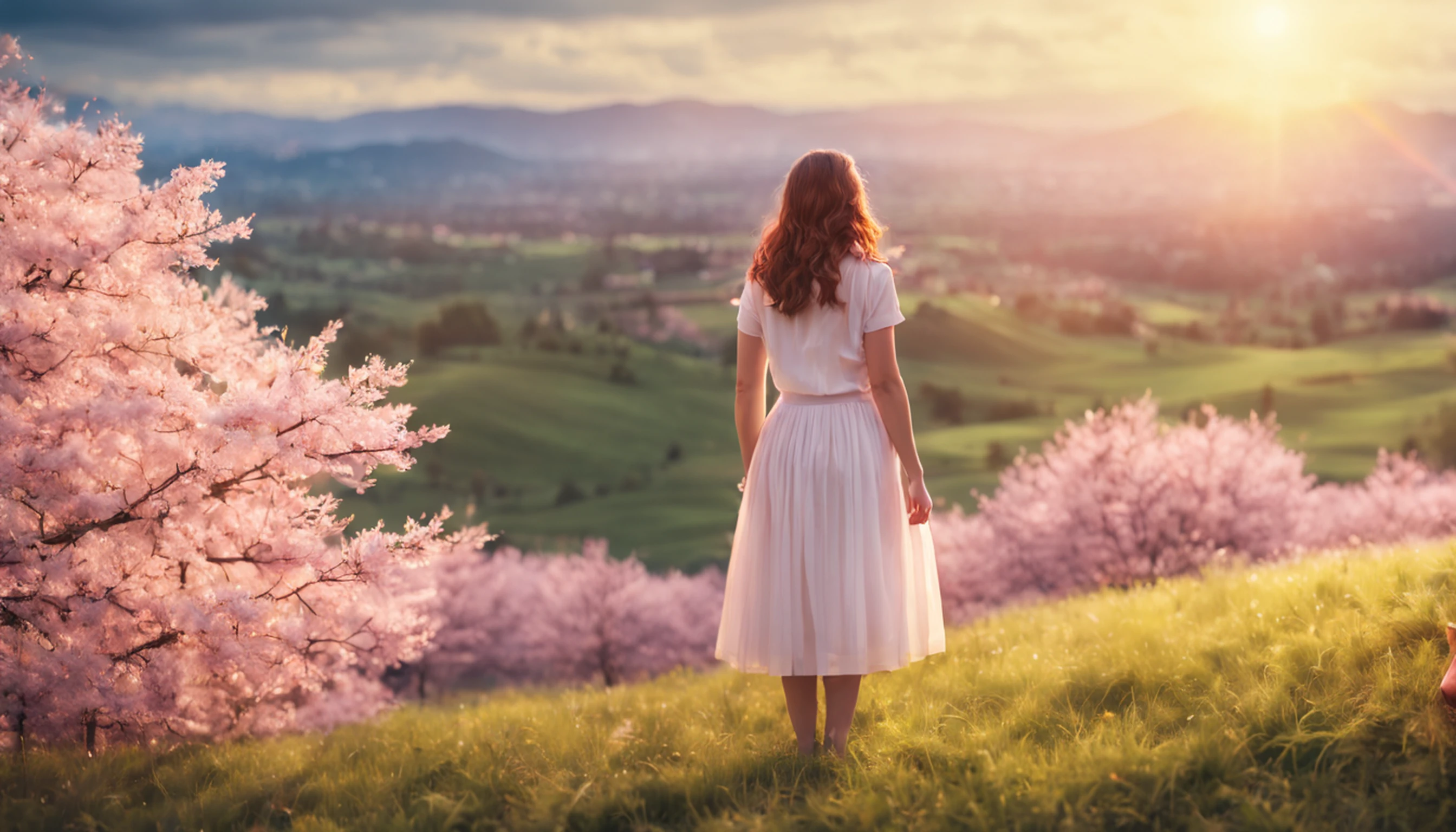 Vasta foto de paisagem, (vista de baixo, The sky is above and the open field is below), A 30-year-old girl standing in a field of cherry blossoms looking up, (lua cheia: 1.2), (raios: 0.9), (nebulosa: 1.3), montanhas distantes, Árvores BREAK Crafting Art, (Luz Quente: 1.2), (Vagalumes: 1.2), Luzes, Muito Roxo e Laranja, Detalhes Intrincados, volumeric lighting, Realismo BREAK (Obra-prima: 1.2), (melhor qualidade), 4k, ultra-detalhado, (dynamic compositing: 1.4), detalhes muito detalhados e coloridos, (rainbow colors: 1.2), (bright illumination, Atmospheric Illumination), sonhador, magica, (solo: 1.2)