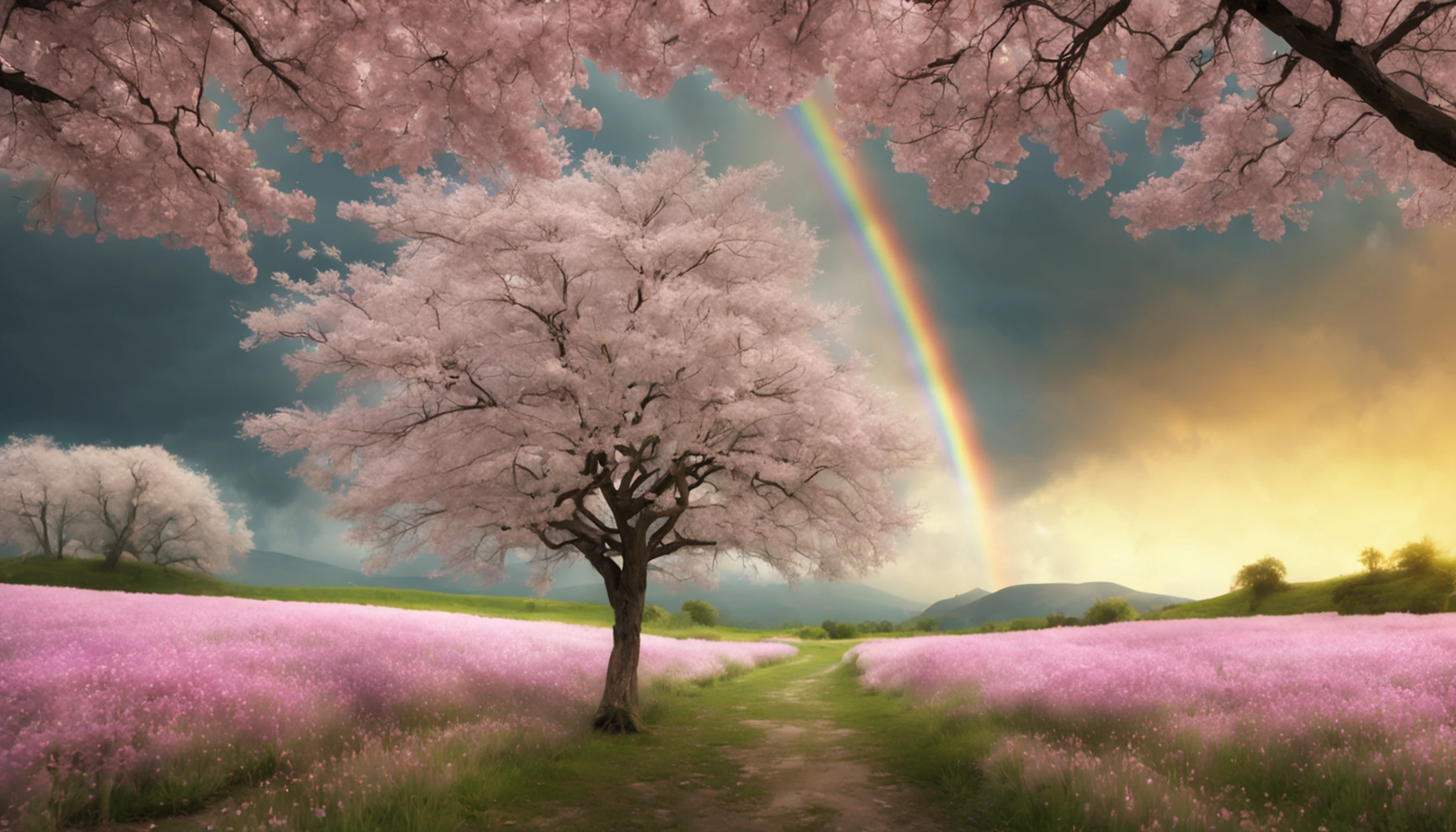 Vasta foto de paisagem, (vista de baixo, The sky is above and the open field is below), A 30-year-old girl standing in a field of cherry blossoms looking up, (lua cheia: 1.2), (raios: 0.9), (nebulosa: 1.3), montanhas distantes, Árvores BREAK Crafting Art, (Luz Quente: 1.2), (Vagalumes: 1.2), Luzes, Muito Roxo e Laranja, Detalhes Intrincados, volumeric lighting, Realismo BREAK (Obra-prima: 1.2), (melhor qualidade), 4k, ultra-detalhado, (dynamic compositing: 1.4), detalhes muito detalhados e coloridos, (rainbow colors: 1.2), (bright illumination, Atmospheric Illumination), sonhador, magica, (solo: 1.2)