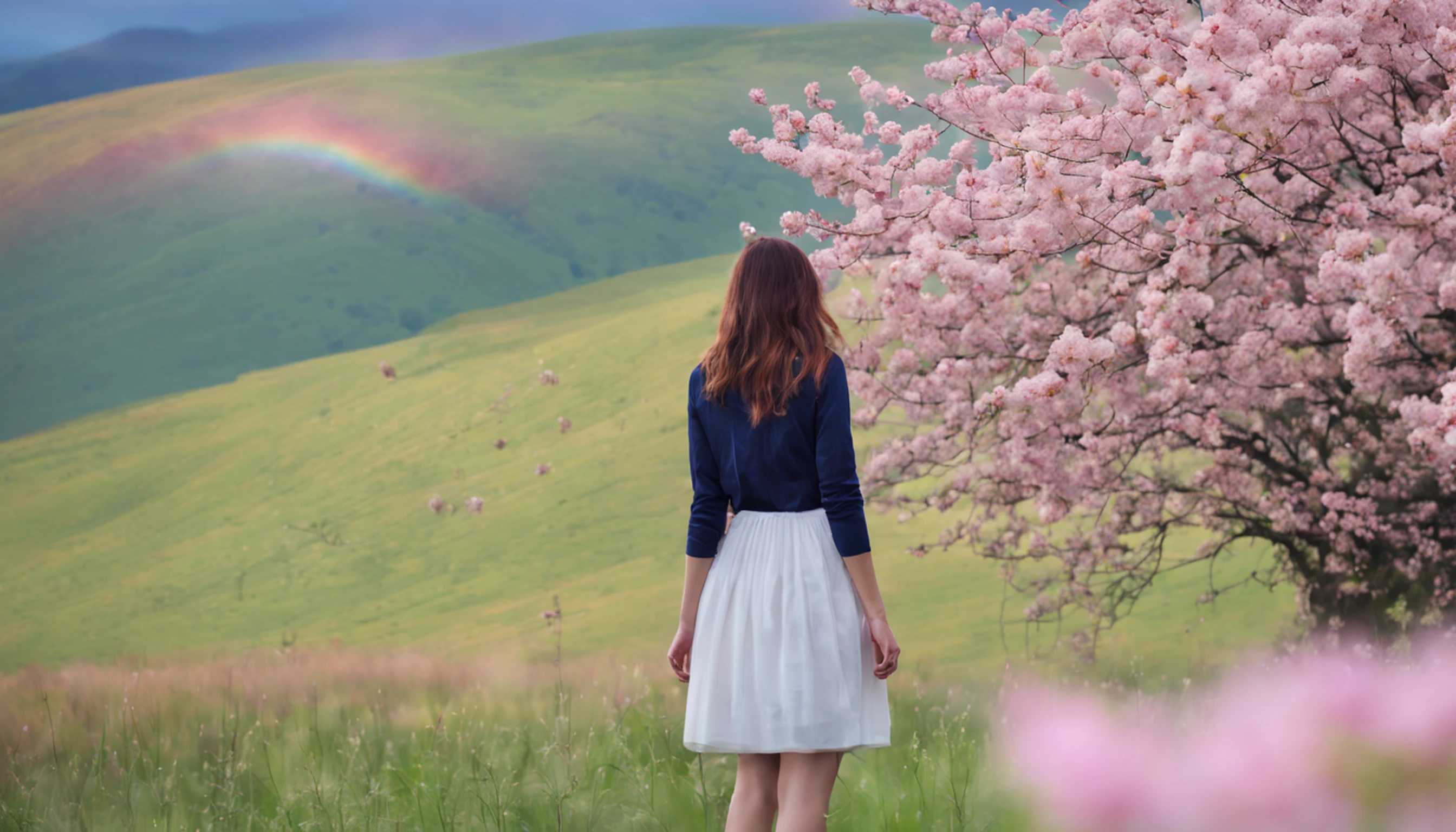 Vasta foto de paisagem, (vista de baixo, The sky is above and the open field is below), A 30-year-old girl standing in a field of cherry blossoms looking up, (lua cheia: 1.2), (raios: 0.9), (nebulosa: 1.3), montanhas distantes, Árvores BREAK Crafting Art, (Luz Quente: 1.2), (Vagalumes: 1.2), Luzes, Muito Roxo e Laranja, Detalhes Intrincados, volumeric lighting, Realismo BREAK (Obra-prima: 1.2), (melhor qualidade), 4k, ultra-detalhado, (dynamic compositing: 1.4), detalhes muito detalhados e coloridos, (rainbow colors: 1.2), (bright illumination, Atmospheric Illumination), sonhador, magica, (solo: 1.2)