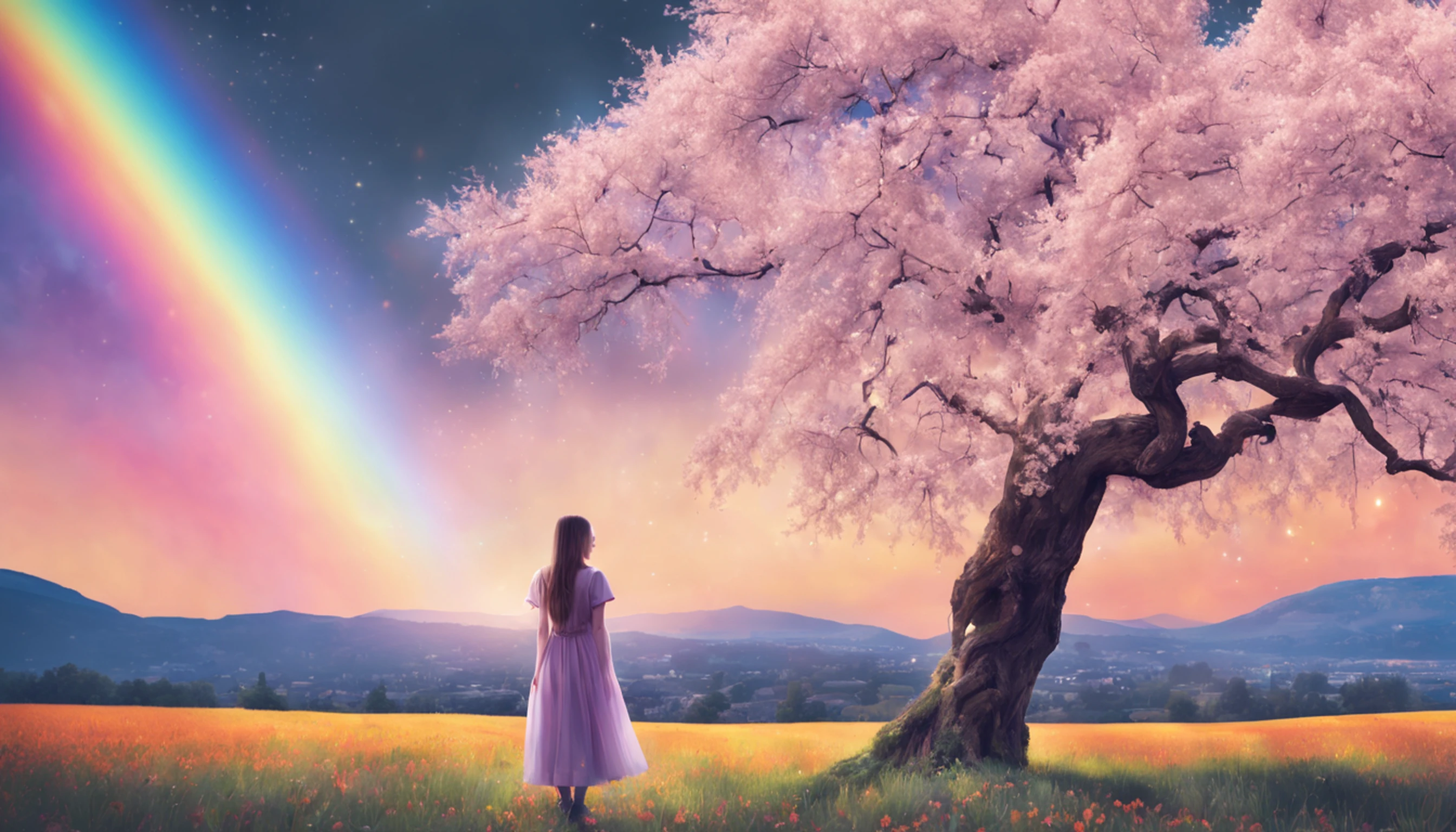Vasta foto de paisagem, (vista de baixo, The sky is above and the open field is below), A 30-year-old girl standing in a field of cherry blossoms looking up, (lua cheia: 1.2), (raios: 0.9), (nebulosa: 1.3), montanhas distantes, Árvores BREAK Crafting Art, (Luz Quente: 1.2), (Vagalumes: 1.2), Luzes, Muito Roxo e Laranja, Detalhes Intrincados, volumeric lighting, Realismo BREAK (Obra-prima: 1.2), (melhor qualidade), 4k, ultra-detalhado, (dynamic compositing: 1.4), detalhes muito detalhados e coloridos, (rainbow colors: 1.2), (bright illumination, Atmospheric Illumination), sonhador, magica, (solo: 1.2)