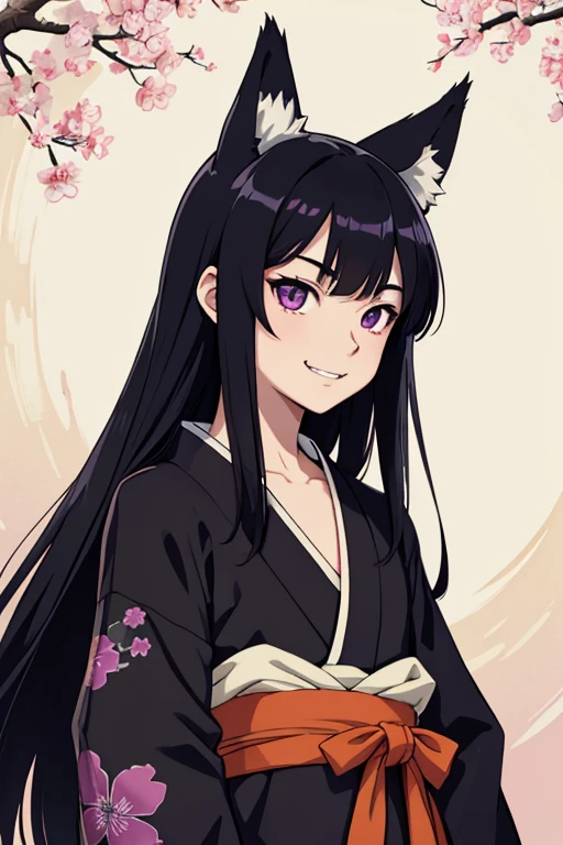 masterpiece, best quality, anime illustration of a young asian boy, 1boy, male focus, otoko no ko, solo, kitsune, fangs, pale skin, violet eyes, tsurime, hime cut, straight hair, black hair, long hair, kemonomimi, animal ears, black fox ears, japanese clothes, kimono, face portrait, looking at viewer, vibrant colors, edo period, feminine, flat chest, mischievous, smile