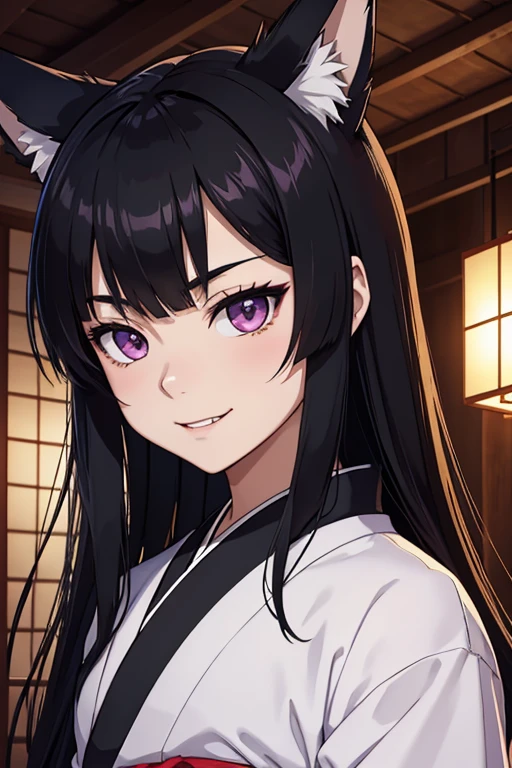 masterpiece, best quality, anime illustration of a young asian boy, 1boy, male focus, otoko no ko, solo, kitsune, fangs, pale skin, violet eyes, tsurime, hime cut, straight hair, black hair, long hair, kemonomimi, animal ears, black fox ears, japanese clothes, kimono, face portrait, looking at viewer, vibrant colors, edo period, feminine, flat chest, mischievous, smile