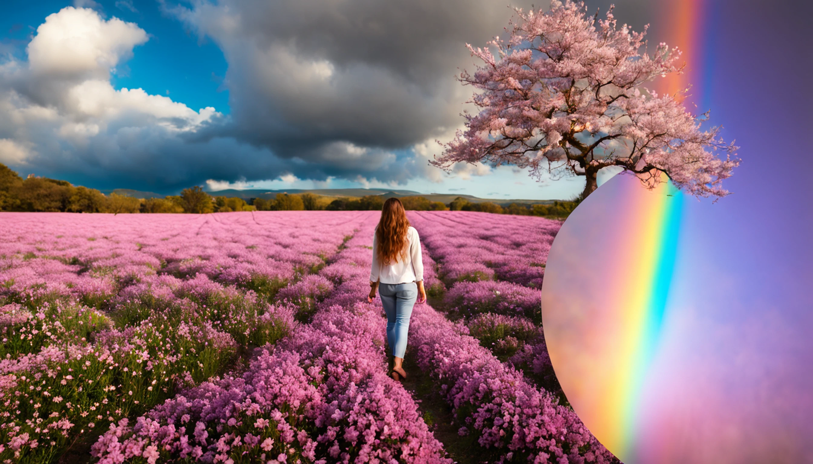 Vasta foto de paisagem, (vista de baixo, The sky is above and the open field is below), A 30-year-old girl standing in a field of cherry blossoms looking up, (lua cheia: 1.2), (raios: 0.9), (nebulosa: 1.3), montanhas distantes, Árvores BREAK Crafting Art, (Luz Quente: 1.2), (Vagalumes: 1.2), Luzes, Muito Roxo e Laranja, Detalhes Intrincados, volumeric lighting, Realismo BREAK (Obra-prima: 1.2), (melhor qualidade), 4k, ultra-detalhado, (dynamic compositing: 1.4), detalhes muito detalhados e coloridos, (rainbow colors: 1.2), (bright illumination, Atmospheric Illumination), sonhador, magica, (solo: 1.2)