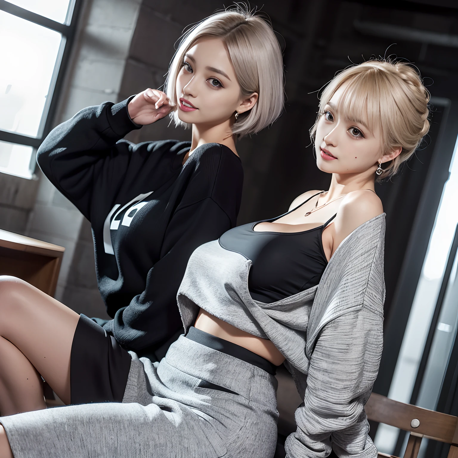photorealistic, 8k, 2 girls, both have white wavy hair, korean, heterochromia eyes, thick eyebrows, freckles, hoodie, white shorts, large breasts, small waist, large thighs, on bed
