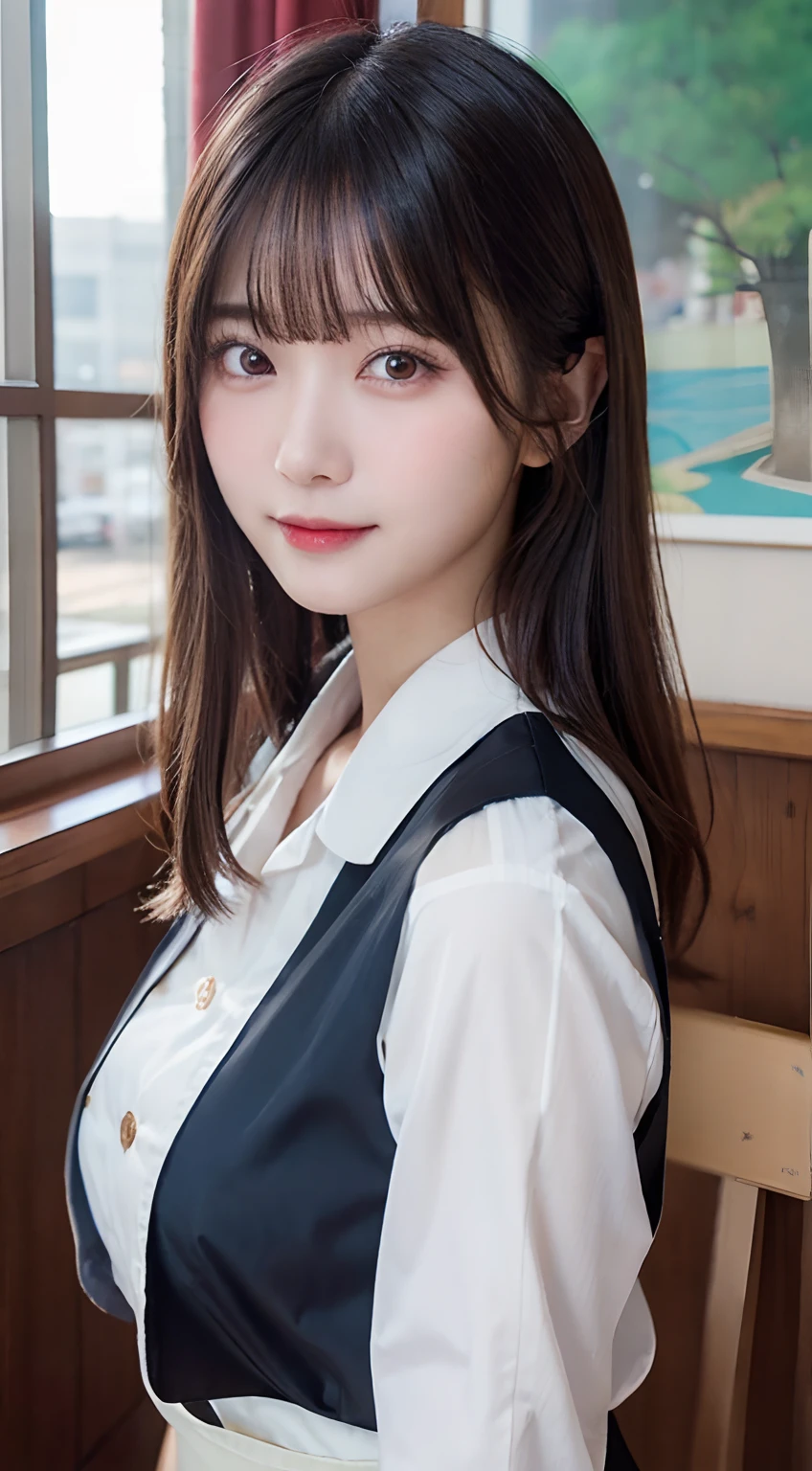 (top-quality,masterpiece:1.3,超A high resolution,),(ultra-detailliert,Caustics),(Photorealsitic:1.4,RAW shooting,)Ultra-realistic capture,A highly detailed,High resolution 16K human skin close-up。 Skin texture is natural、,The pores are、Must be detailed enough to be easy to identify。 Skin should look healthy with even tones。 Use natural light and color,resturant,Waitress uniform,1人,japanes,18year old,kawaii,A dark-haired,Middle hair,(large boob:1.2),smil,Turn your body to the front,(front-facing view:1.2),Looking at the camera,Bust-up shot:1.1,boob focused:1.1,Chest close-up:1.1