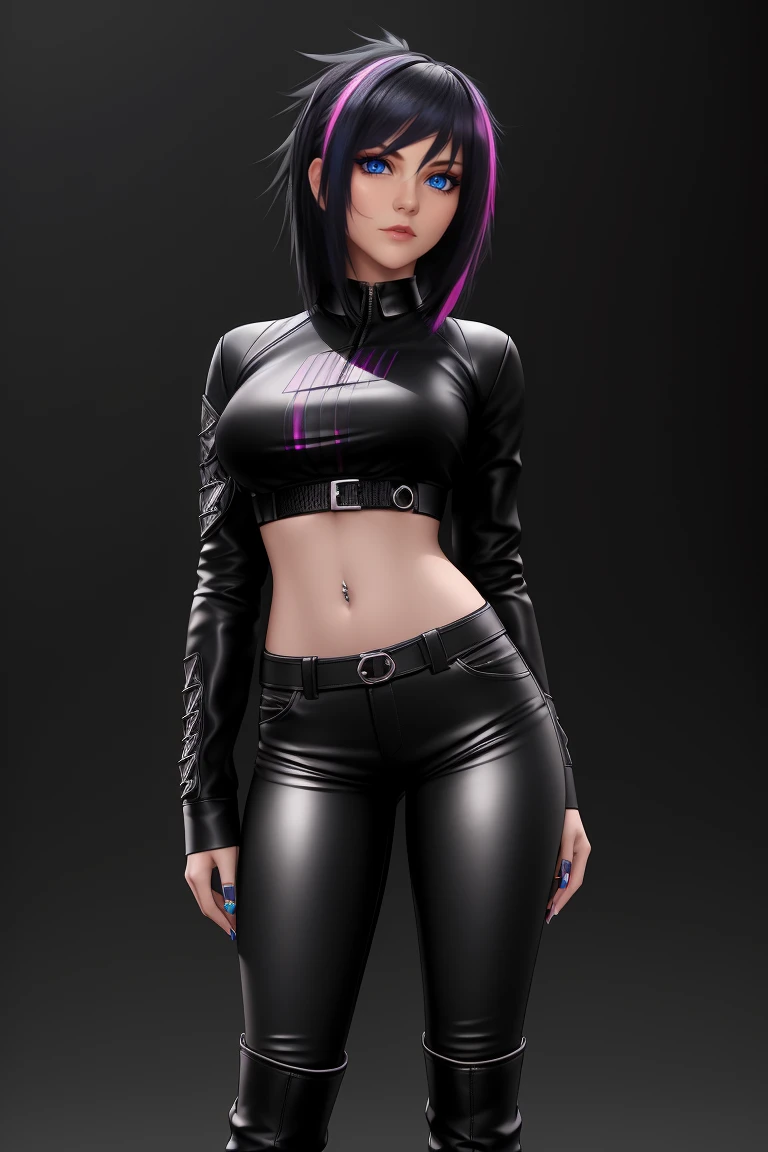 beautiful girl, ((standing:1.4)), (confident gaze:1.1), full body, short bright neon streaked black hair, ((realistic highly detailed eyes:1.4)), ((seductive pose:1.2)), black eyeshadow, (street style wear:1.2), ((tight fitted pants)), ((knee high leather boots)), (dark city night black background:1.4), dark makeup, digital art, trending on artstation, highly detailed, fine detail, intricate, detailed facial features, sharp focus, smooth, aesthetic,