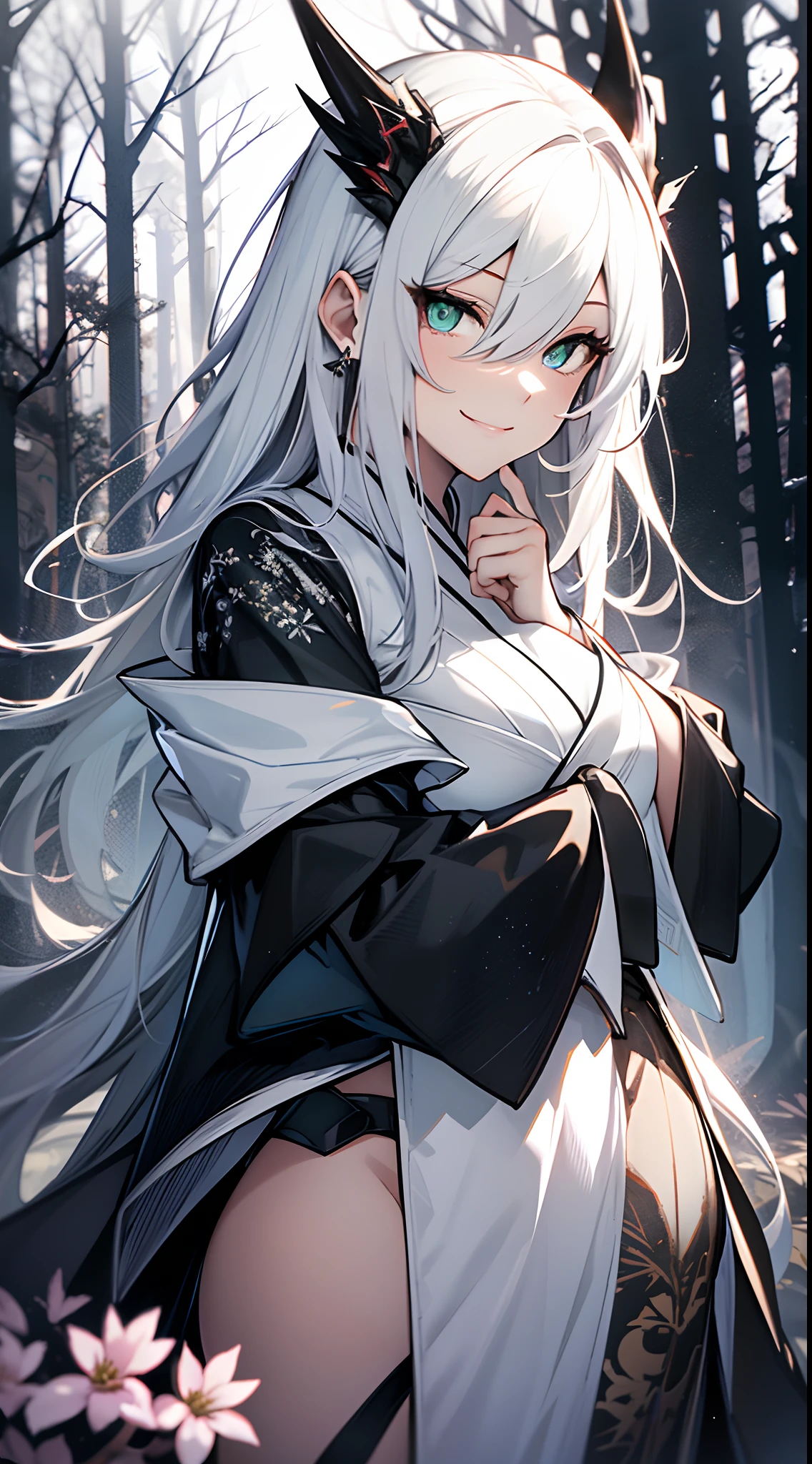 ((tmasterpiece:1.4,best qualtiy))+,(Hyper-detailing)+,(Ultra-detailed eyes)+,(White dragon horn:1.5),Dragon girl
(cute1girl),ar old,(Green eyes:1.15),long white hair,(wariza:1.2),paleskin,Cold,ssmile,A seductive smile
(She wears a green hanfu:1.5),(black glove:1.4),Long black dress
White stockings,White gloves,littleredridinghood,Slim legs,Surrounded by giant trees,Flowers open
(White scales:1.1),
(Dawn light:1.2),White dragon,
(Heavy black and white:1.16),(depth of fields:1.4),