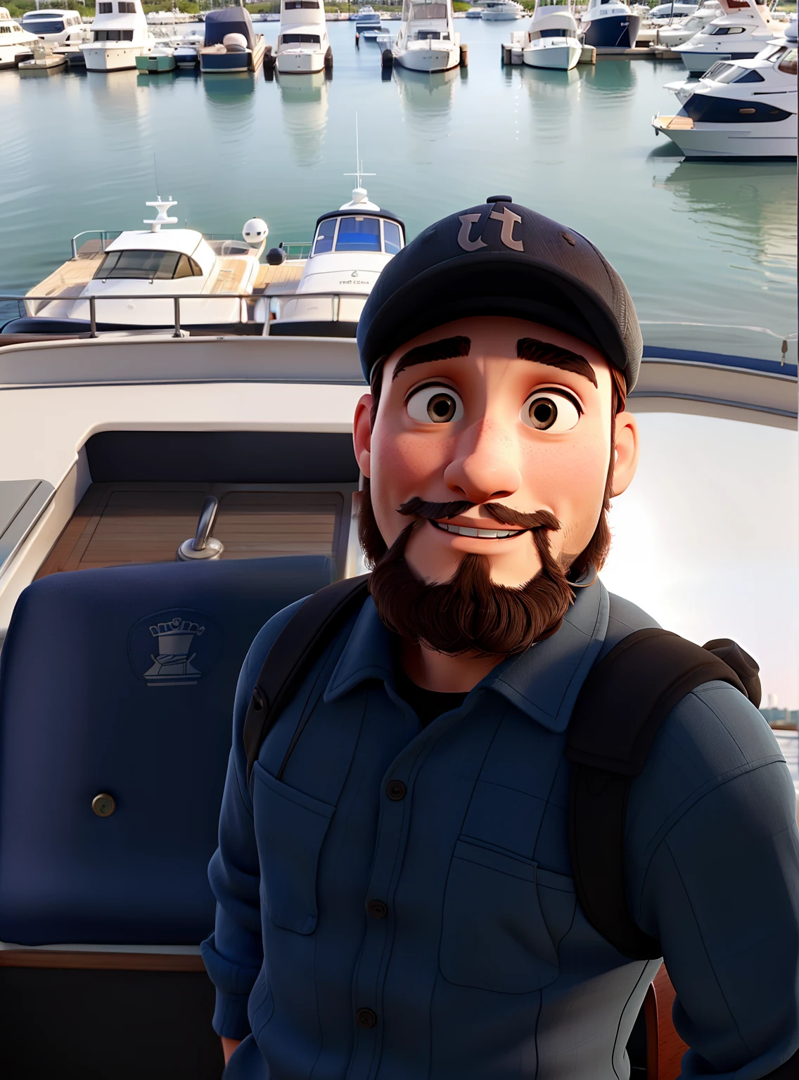 A man in a cap on a boat,  in a marina with several boats