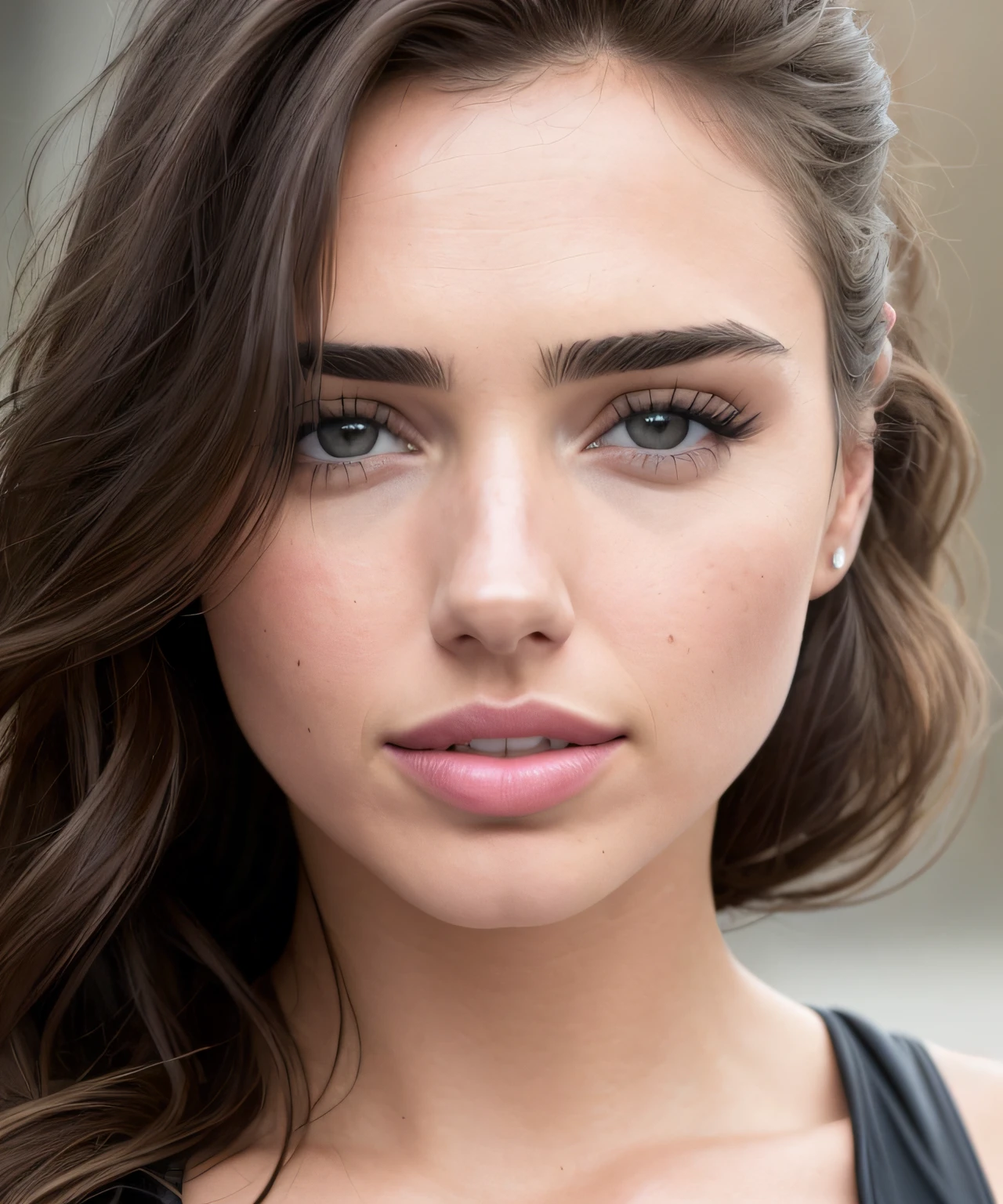 The face should be a blend of Ana de Armas and Gal Gadot, maintaining a look similar to Adriana Lima. fashion model 25 years old, [[[[closeup]]]], [[[[chest]]]], [[[[neck]]]], [[[[shoulders]]]], perfect eyes, perfect iris, perfect lips, perfect teeth, perfect skin, soft front light, glow, HDR, (muted colors:1.2)