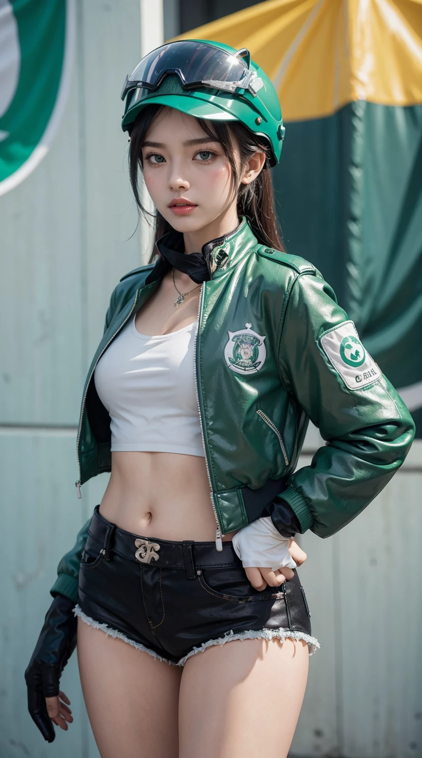 (masterpiece), best quality, expressive eyes, perfect face, cute woman, (Indonesian girl:0.2), jewerly,(wide hips), fit body, (navel:0.2), wearing indonesia GoJek light green cropped jacket, (black stripe cropped jacket:0.7), green biker jacket, (jacket with Ojol text), (GoJek logo), jacket with indonesia flag, (lace:0.3), (wifi symbol:0.4), motorbike, (wearing seafoam green helmet),white stripe racing helmet with Gojek logo, cleavage, (((gloves))), ultra lowleg shorts, (xivstreetjacket:0.2), (groin:1.2),