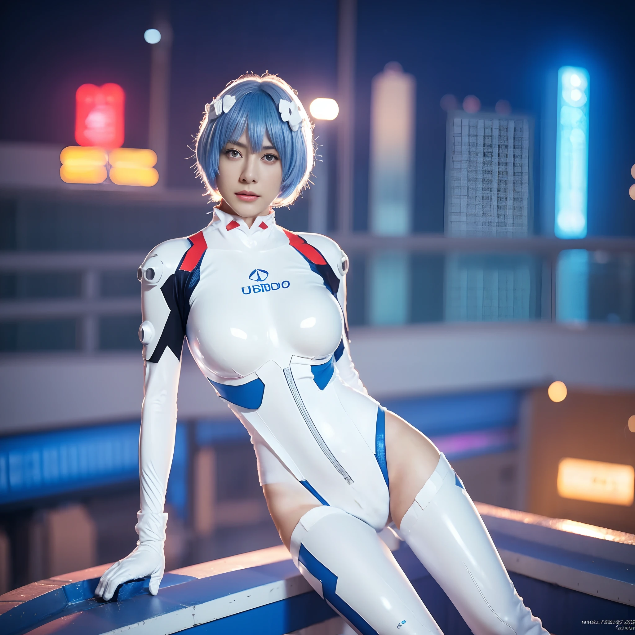 (Realistic, Photorealistic), Ayanami_wang, 1girl in, Blue short hair, white hair ornament, ((White bodysuit, gloves)), thighs thighs thighs thighs, (Full body), Sitting on the ground, (Cowboy Shot),(masutepiece, High quality, Best Quality), (Colorful),(Delicate eyes and face), volumatic light, Ray tracing, the Extremely Detailed CG Unity 8K Wallpapers,Solo((flying petal)),Outdoors, ((Cyberpunk)), Cyber City, ((neon trim)), Night,(Cityscape),