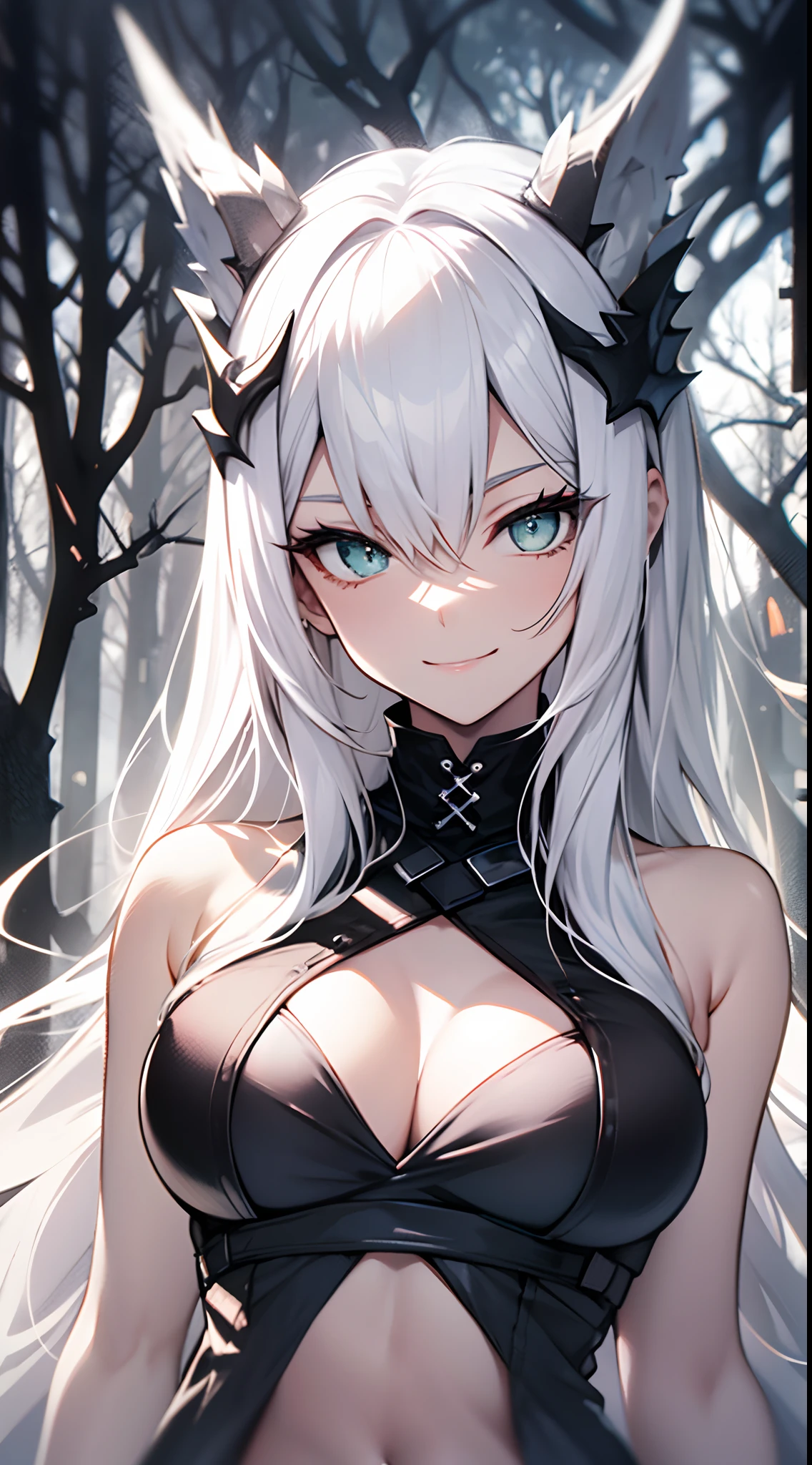((tmasterpiece:1.4,best qualtiy))+,(Hyper-detailing)+,(Ultra-detailed eyes)+,(White dragon horn:1.5),Dragon girl
(cute1girl),ar old,(Green eyes:1.15),long white hair,(wariza:1.2),paleskin,Cold,ssmile,A seductive smile
(She wore a white shirt:1.5),(black glove:1.4),Black maxi dress
White stockings,White gloves,Red berets,Slim legs,Surrounded by giant trees,
(White scales:1.1),
(Dawn light:1.2),White dragon,
(Heavy black and white:1.16),(depth of fields:1.4),
