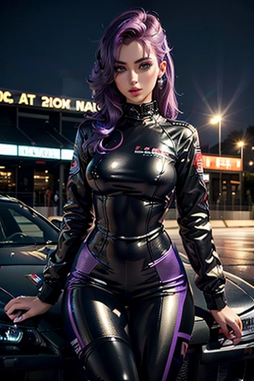 A girl wearing a Pilot Suit ,Race Queen,, Racetrack at Night, Neon lights , Spotlights, blushing face , Dark and purple hair, Eye Shadow,, Shiny Hair (Best quality:1.1), (Masterpiece:1.4), 1fille, (cheveux volumineux)+ , ((cheveux)++, cheveux longs , (Yeux Bleux) , (big lips)+, peau brillante, brillant, Detailled car, High resolution, good proportions