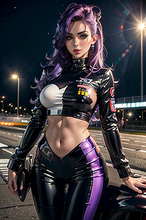 A girl wearing a Pilot Suit ,Race Queen,, Racetrack at Night, Neon lights , Spotlights, blushing face , Dark and purple hair, Eye Shadow,, Shiny Hair (Best quality:1.1), (Masterpiece:1.4), 1fille, (cheveux volumineux)+ , ((cheveux)++, cheveux longs , (Yeux Bleux) , (big lips)+, peau brillante, brillant, Detailled car, High resolution, good proportions