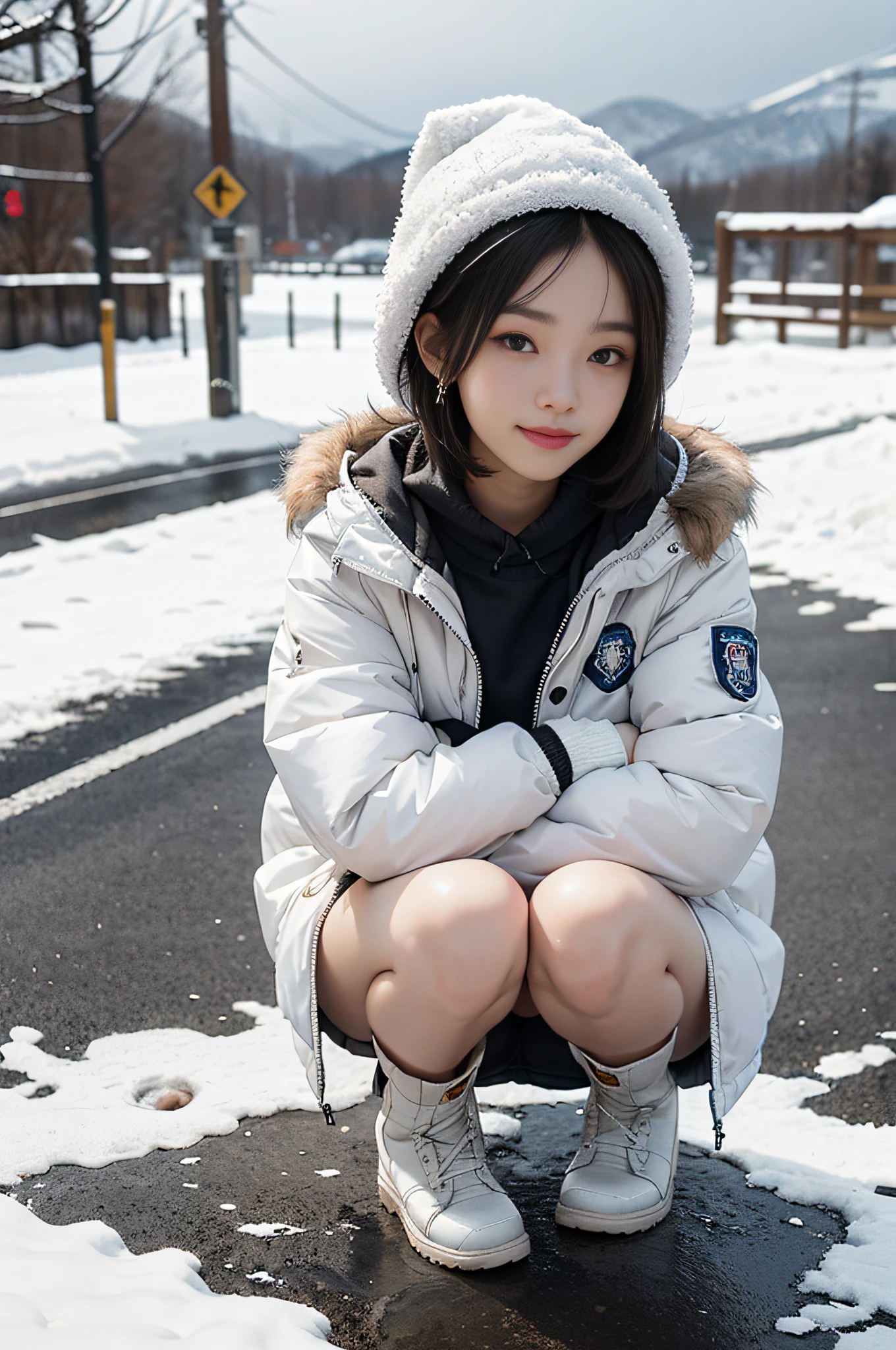 Top image quality、超A high resolution、masutepiece、Photoquality(photographrealistic:1.8)、pores、accuracy、realistic skin textures、（Fine hands）、（Skinny Legs）、Japan women、18year old、Frontal、short-hair、A dark-haired、Girl with a cute smile、Slender girl、tiny chest、Flat-breasted、Facing the front、Turn your body to the front、turn your body forward、Squatting on a snowy road、White down jacket、Hood cover with fur、a miniskirt、Keep your knees apart、Show white panties、Short boots、Wearing snow gloves、Yarn hat、Large drops of snow fall、