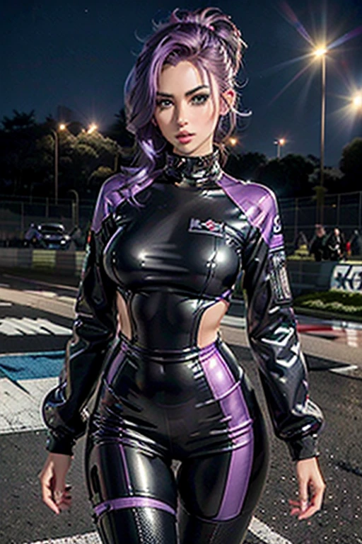 A girl wearing a Pilot Suit ,Race Queen,, Racetrack at Night, Neon lights , Spotlights, blushing face , Dark and purple hair, Eye Shadow,, Shiny Hair (Best quality:1.1), (Masterpiece:1.4), 1fille, (cheveux volumineux)+ , ((cheveux)++, cheveux longs , (Yeux Bleux) , (big lips)+, peau brillante, brillant, Detailled car, High resolution, good proportions